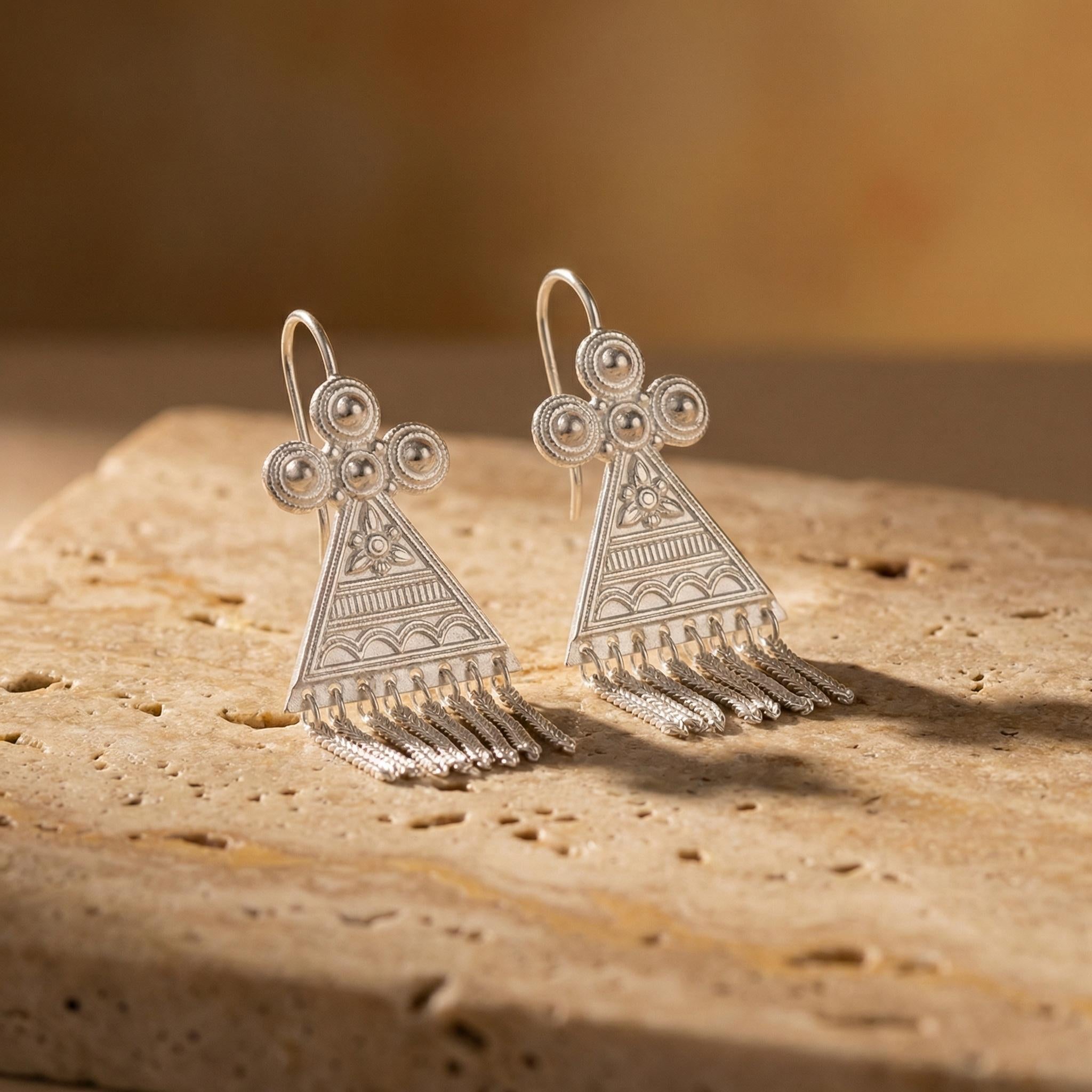 Tribal Tassel Earrings – Intricate Granulation Filigree Drops, Sterling Silver Posts