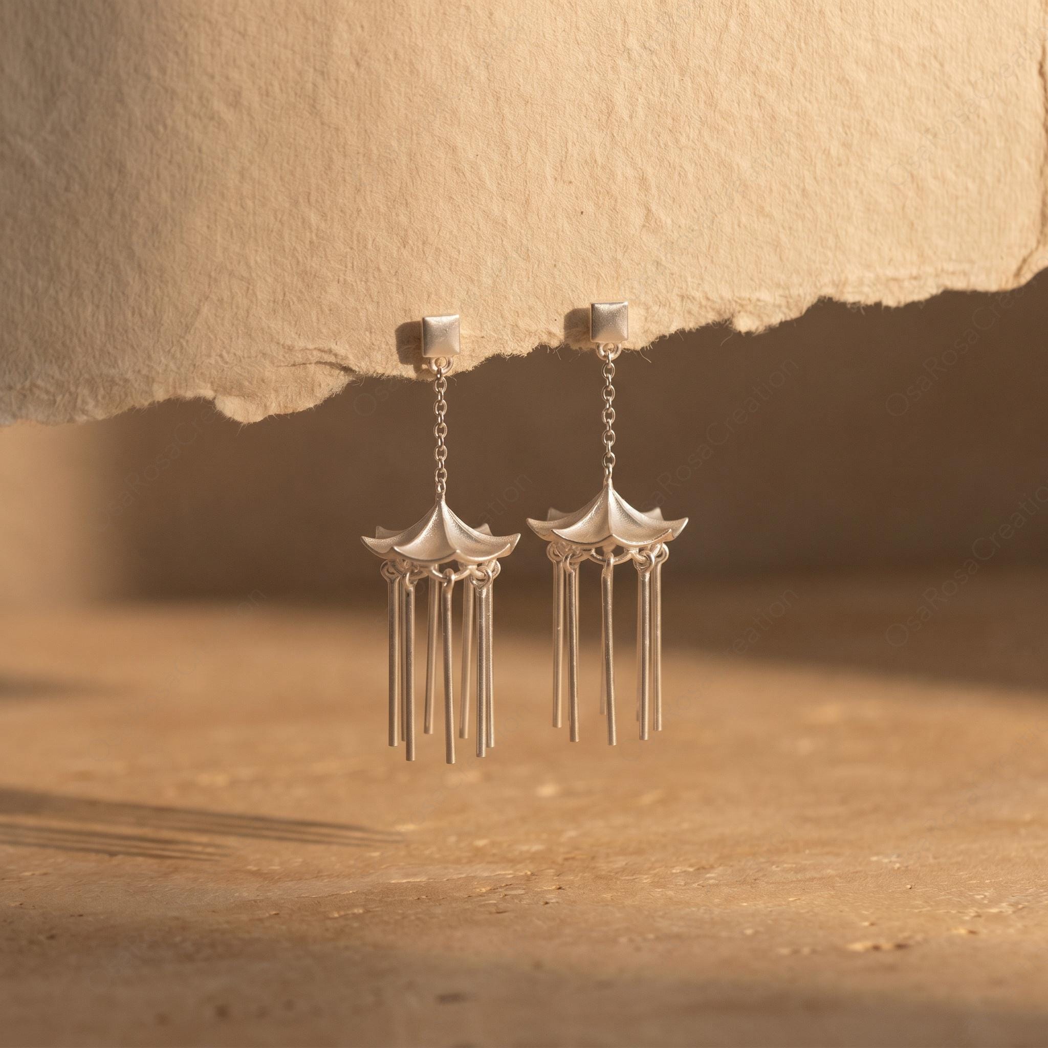 Silver Pavilion Tassel Earrings, Architectural Dangle Earrings, Minimalist Chandelier Drops, Geometric Art Jewelry