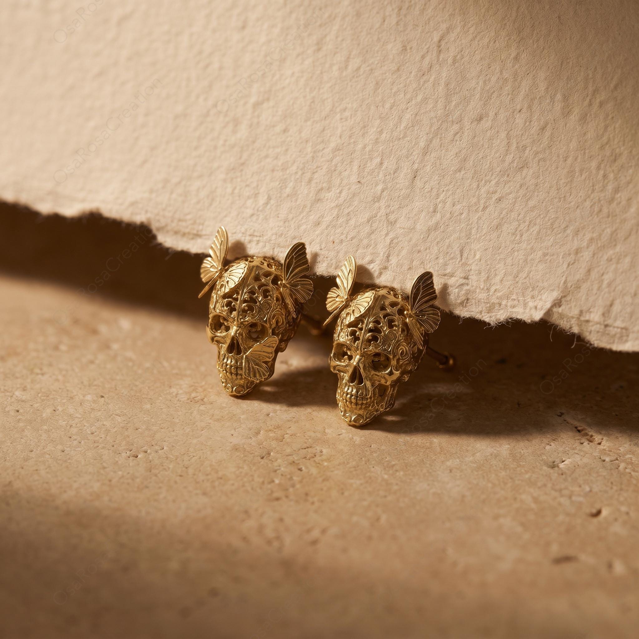 Gold Skull Butterfly Studs • Gothic Filigree Earrings, Sterling Silver Post· Fresh start gift