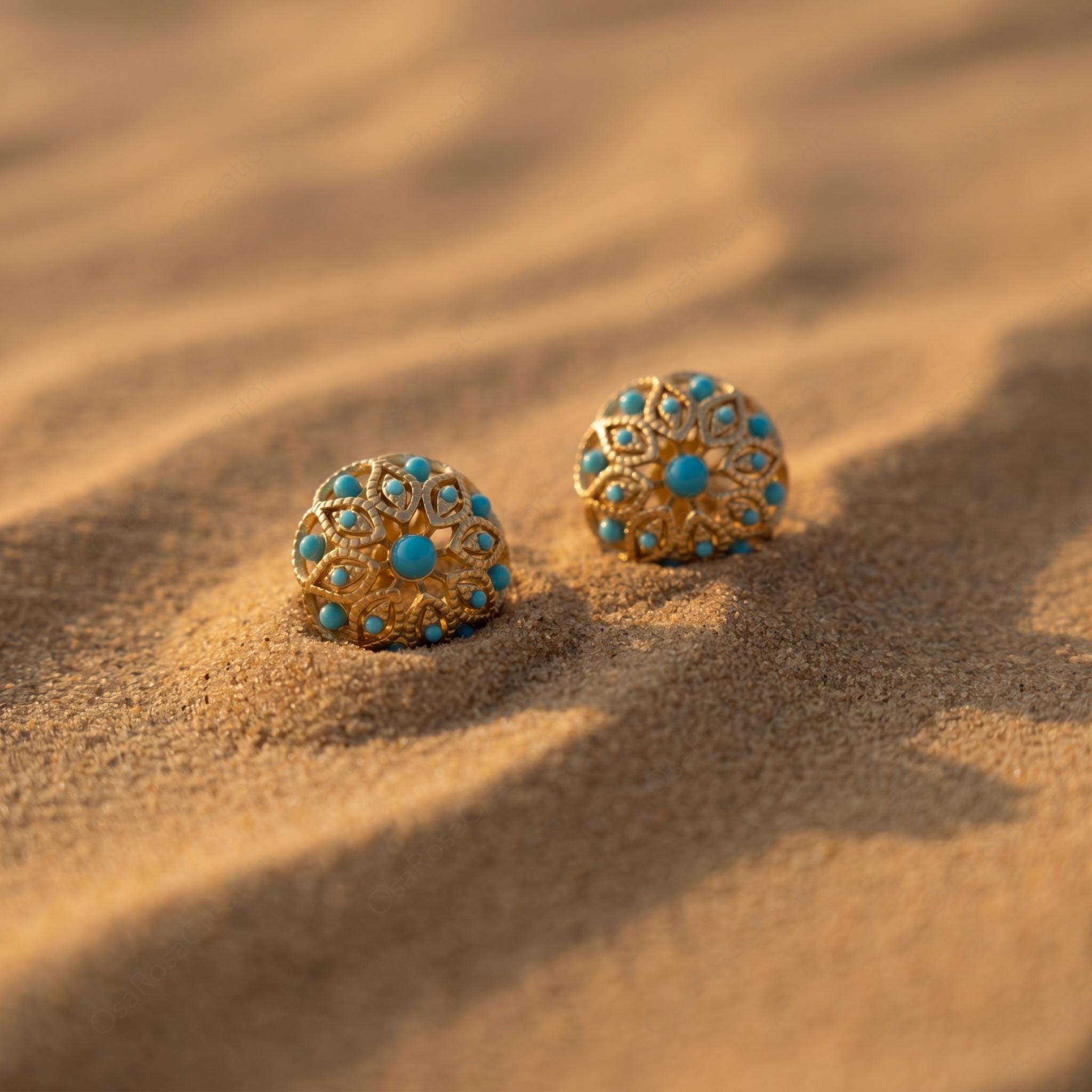 Vintage Style Turquoise Stud Earrings, Gold Filigree Floral Earrings, Mediterranean Art Deco Jewelry, Elegant Statement Earrings for Women