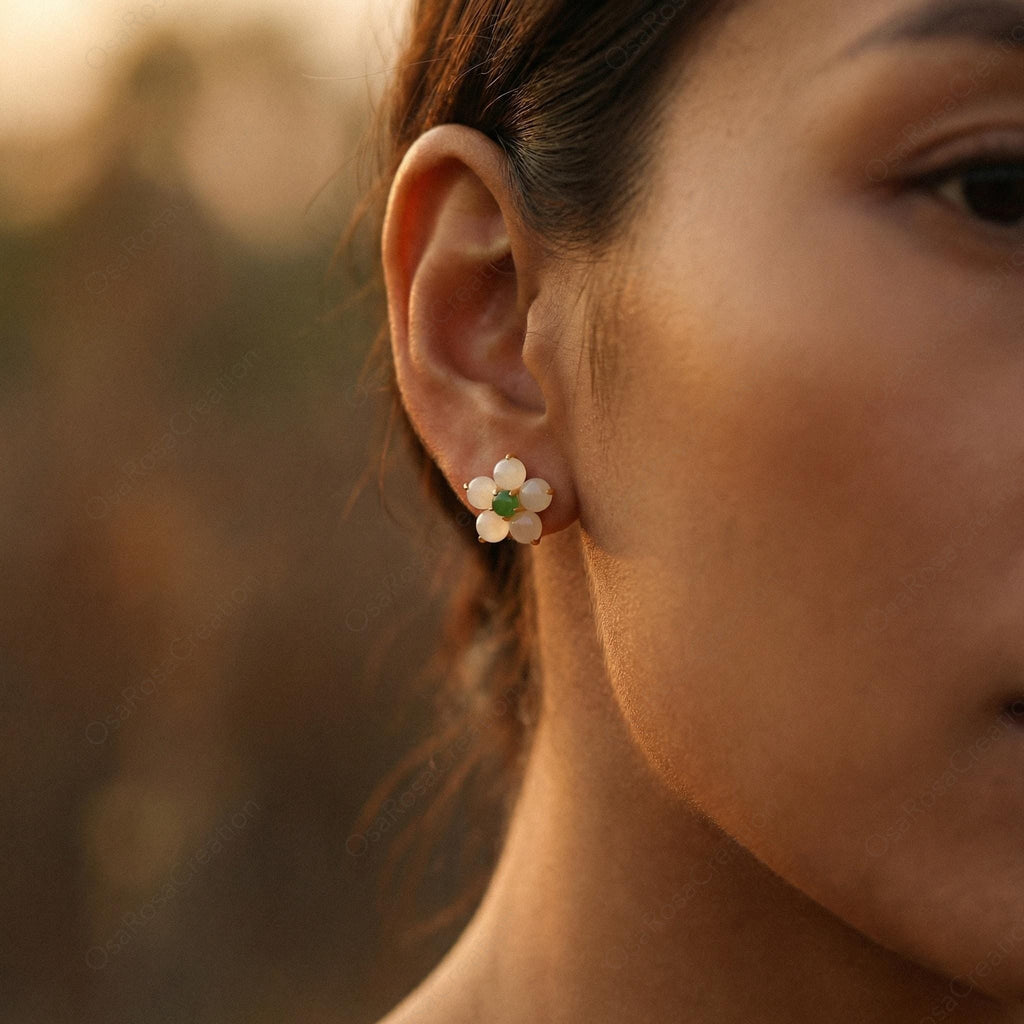White Floral Earrings, Green Stone Botanical Dangle, Gold-Plated Brass, Sterling Silver Post