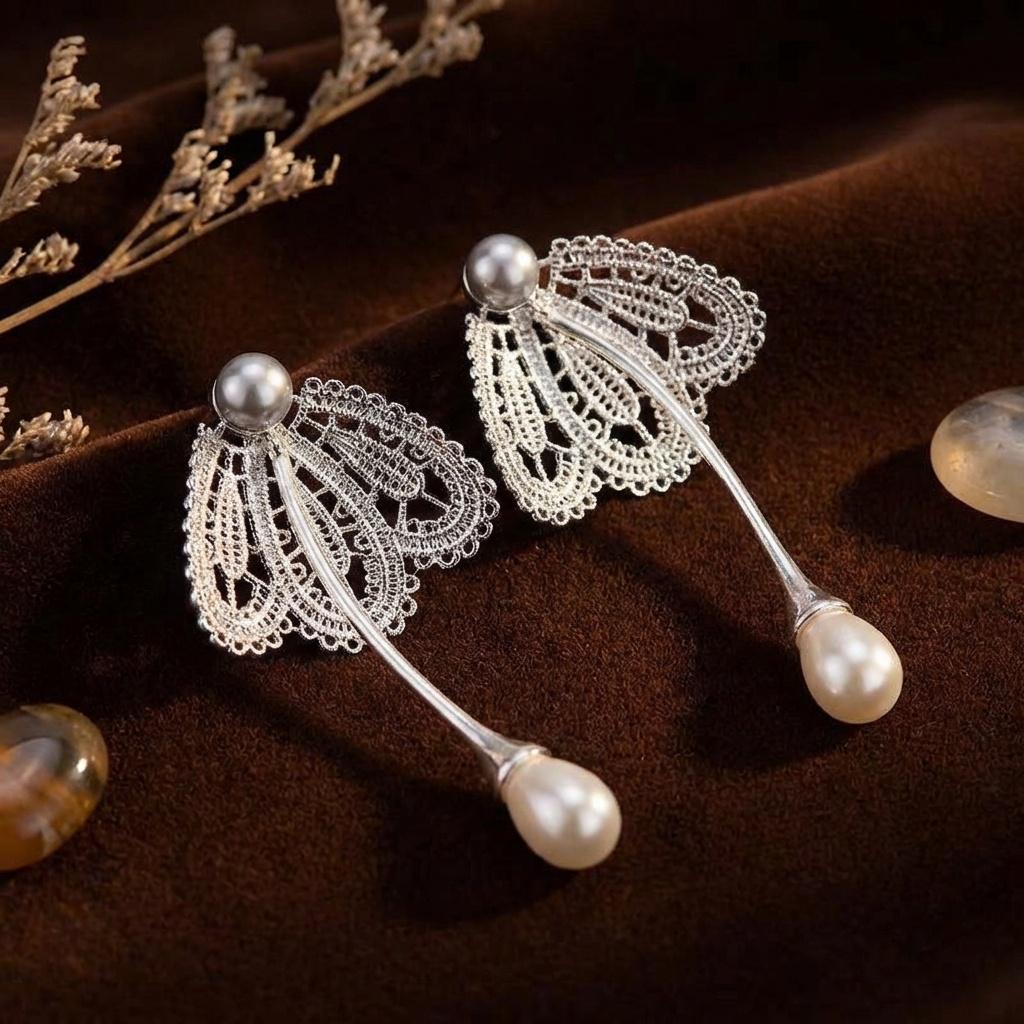 Silver Filigree Pearl Earrings • Art Nouveau Victorian Bridal Jewelry
