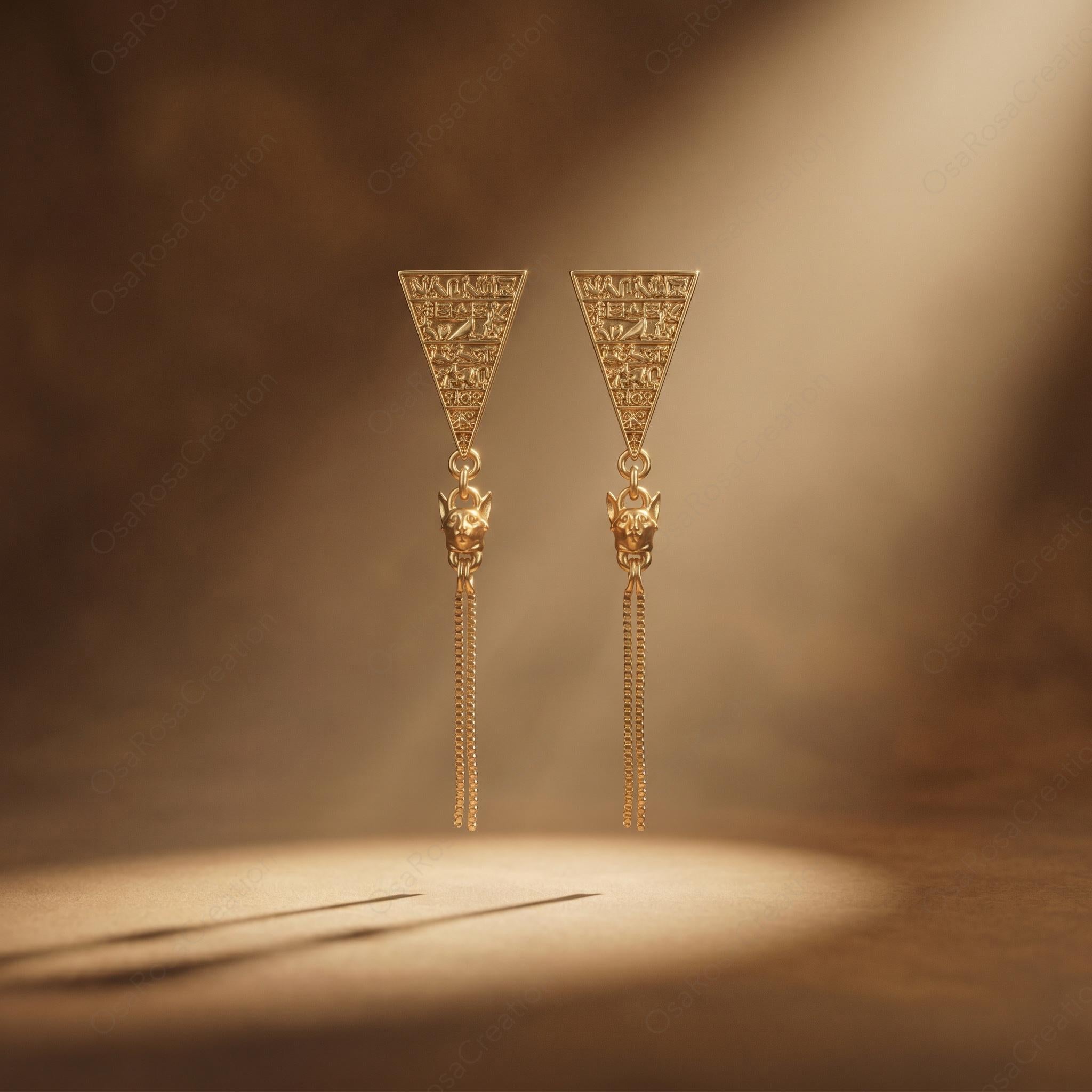 Egyptian Cat Goddess Earrings – Bastet Jewelry Gold Dangle Drop Earrings Ancient Egypt Style