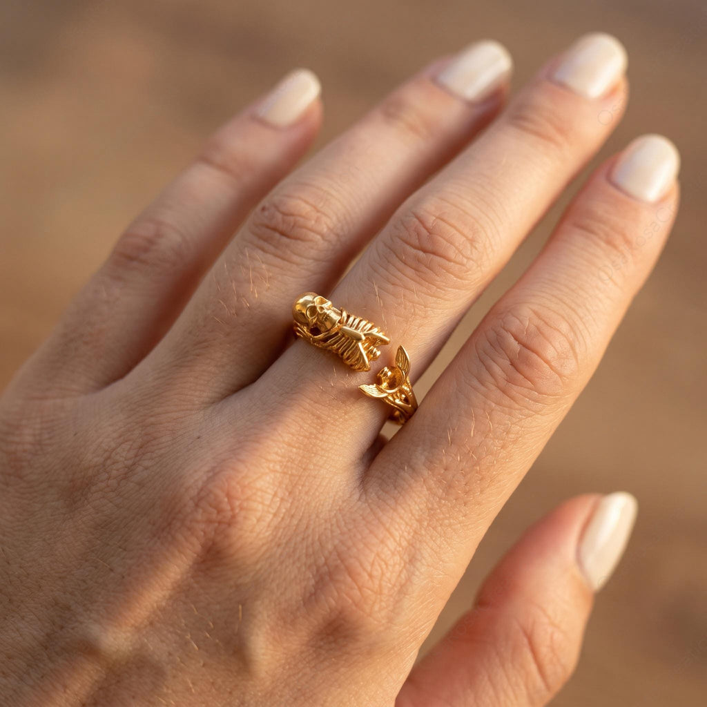 Gold Skull Ring | Adjustable Brass Skeleton Mermaid Tail Statement Jewelry