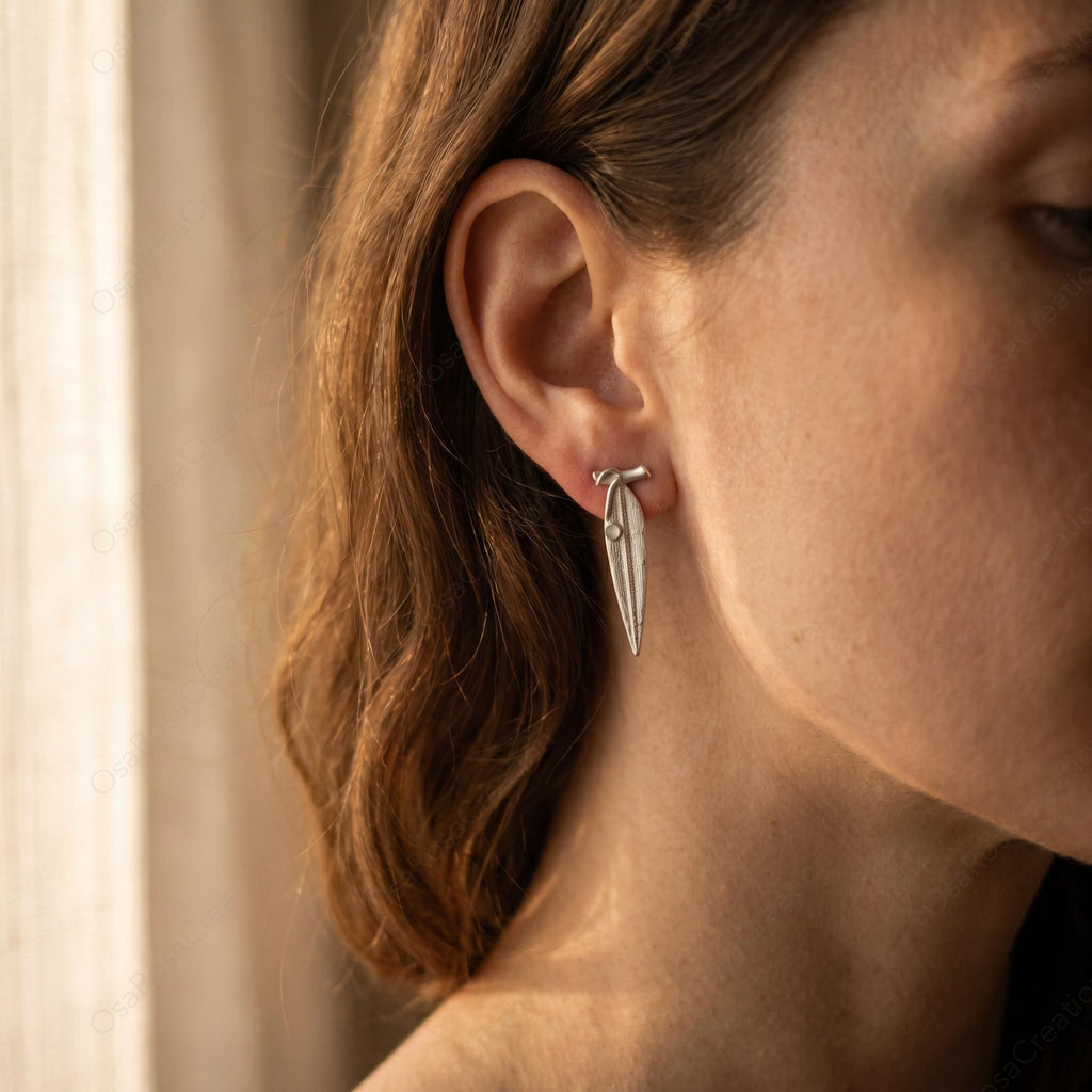 Sculptural Silver Leaf Drop Earrings, Botanical Nature Inspired Dangle Jewelry