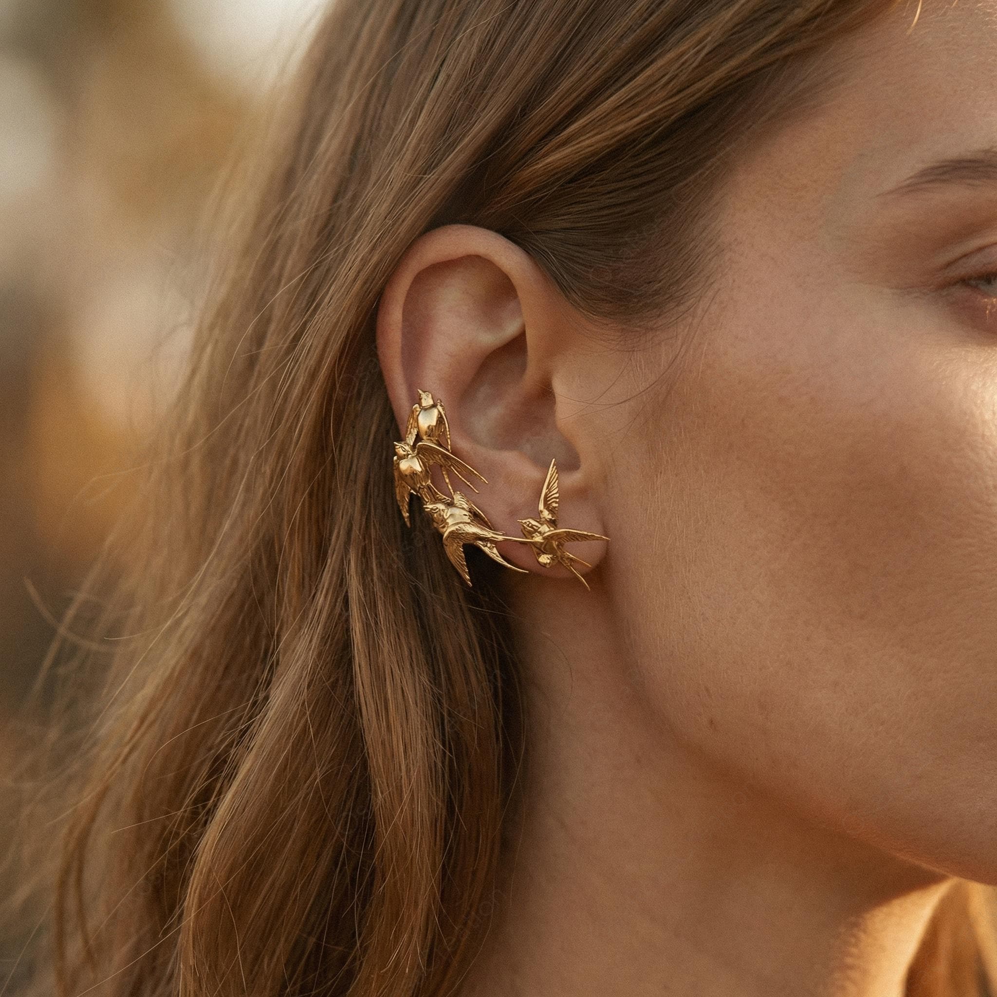 Gold Swallow Flock Earrings: Sculptural Bird Clip-on, Nature Inspired Artistic Jewelry