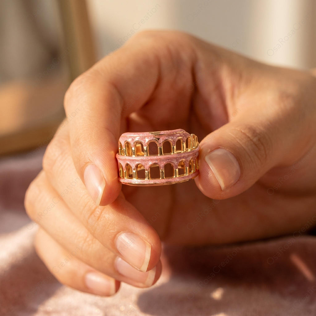Roman Colosseum Ring, Pink Enamel Architectural Jewelry, Gold Plated Statement Ring