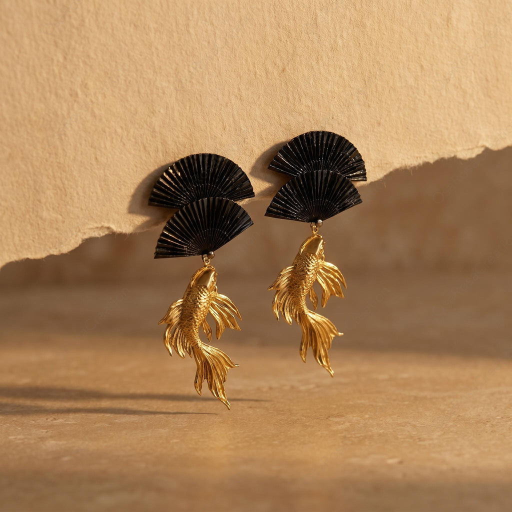 Sculptural Koi Fish Black Fan Earrings, Artistic Gold Oriental Jewelry