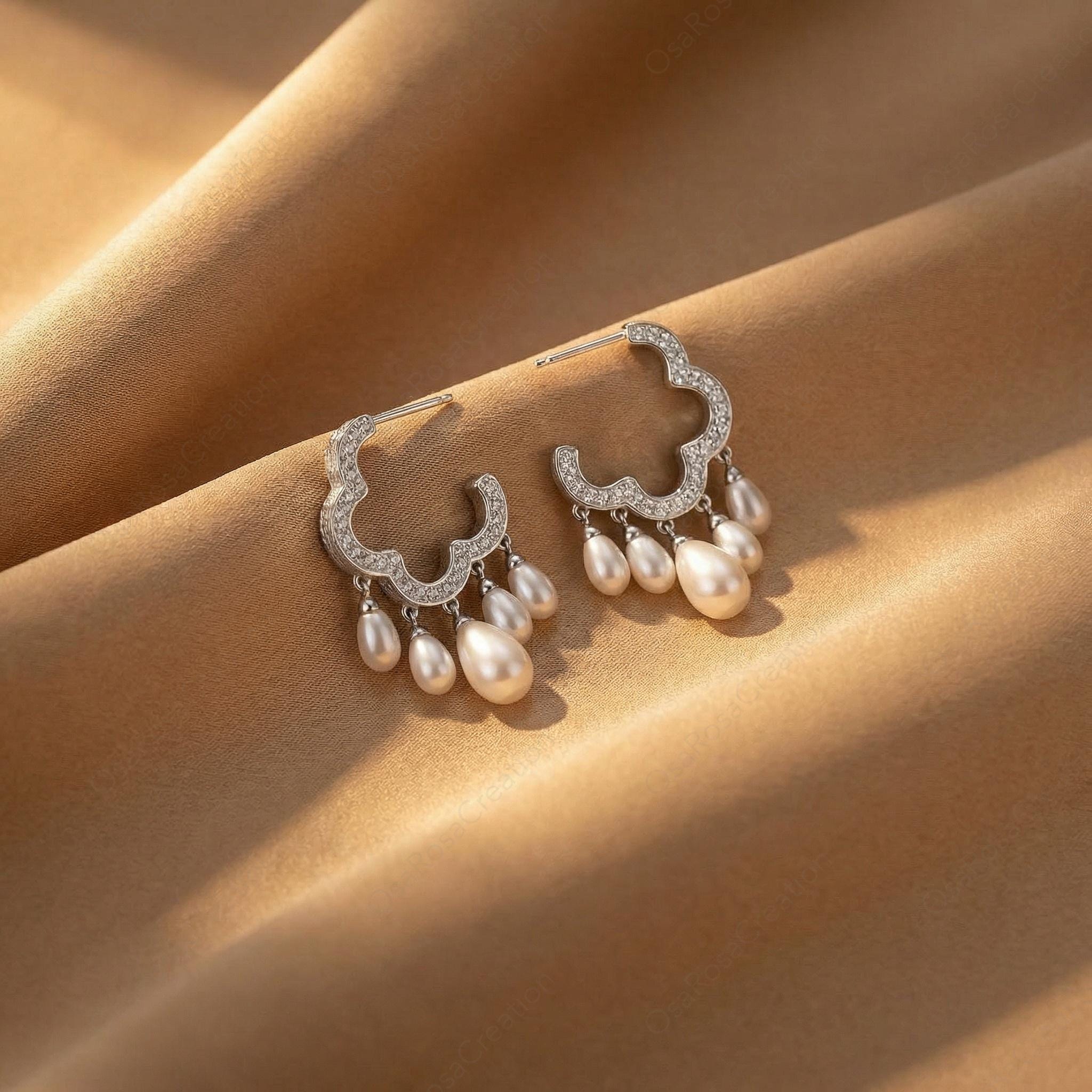 Art Deco Pearl Chandelier Earrings, Sterling Silver Bridal Drop Jewelry