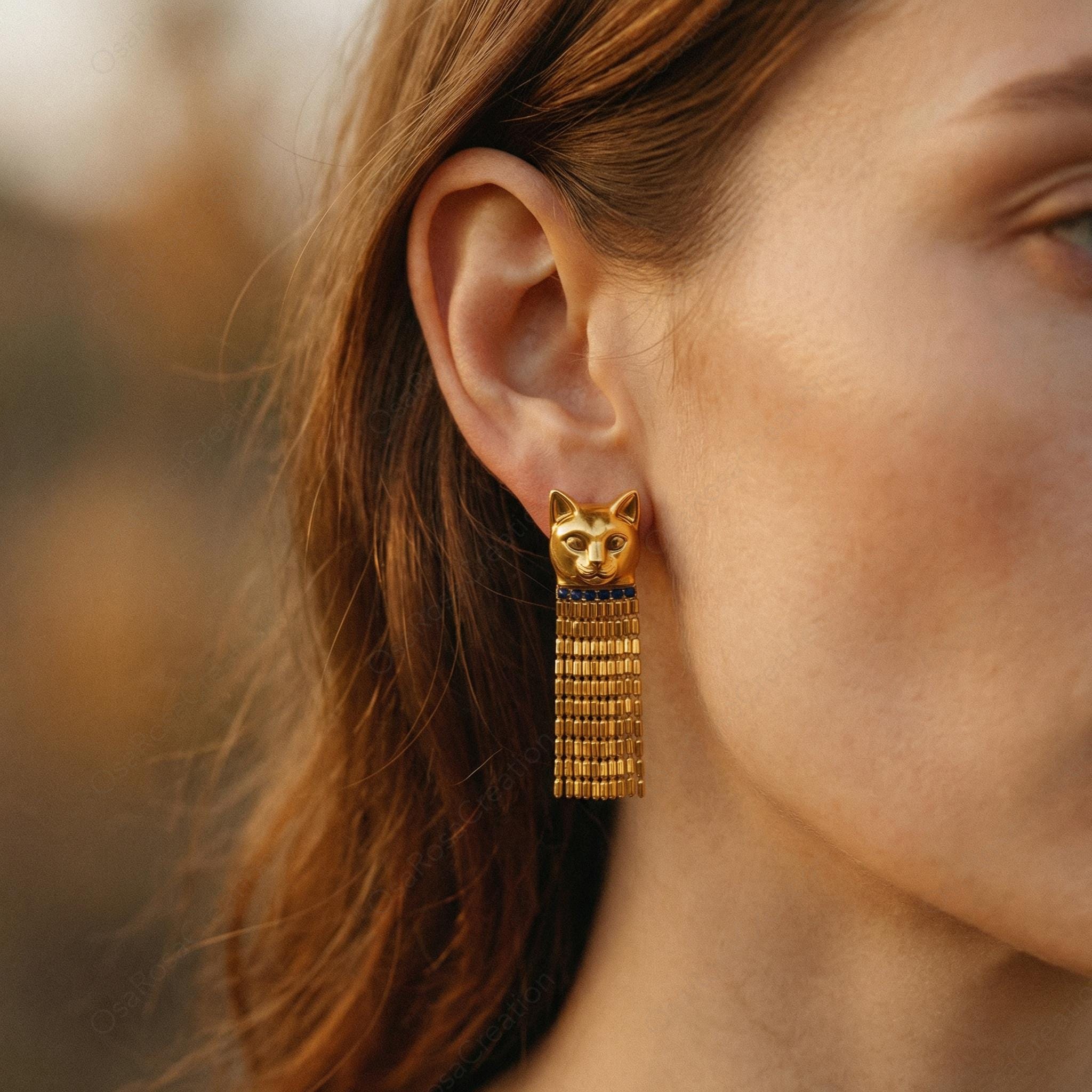 Sculptural Gold Cat Tassel Earrings Vintage Style Feline Fringe Drop Statement Jewelry