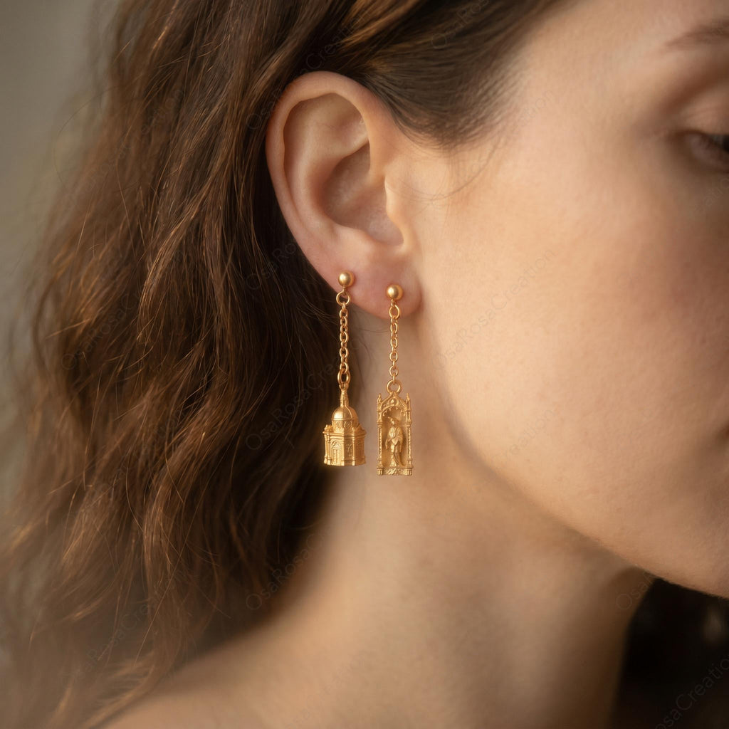 Cat Castle Earrings | Gold Baroque Basilica Dangle Earrings | Architecture Jewelry