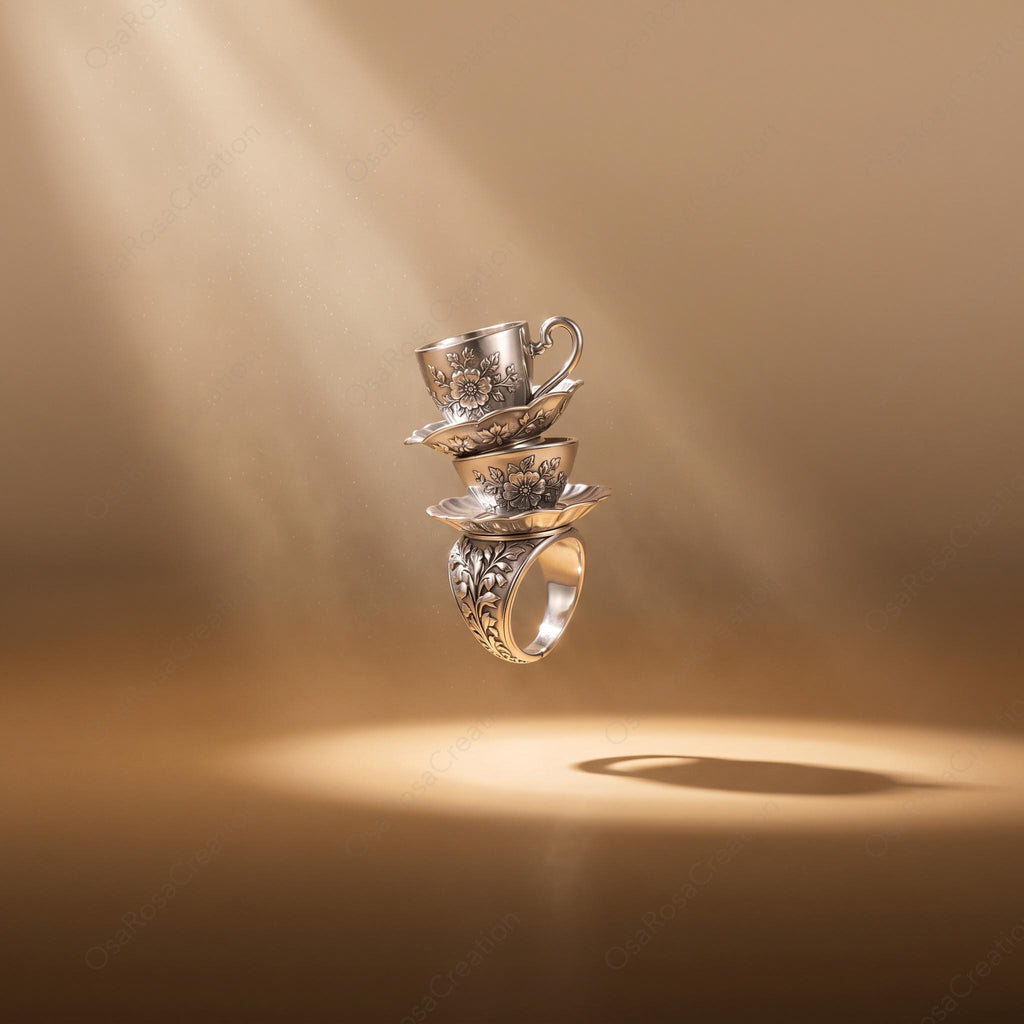 Vintage Stacked Teacup Ring, Floral Engraved Silver, Whimsical Victorian Jewelry
