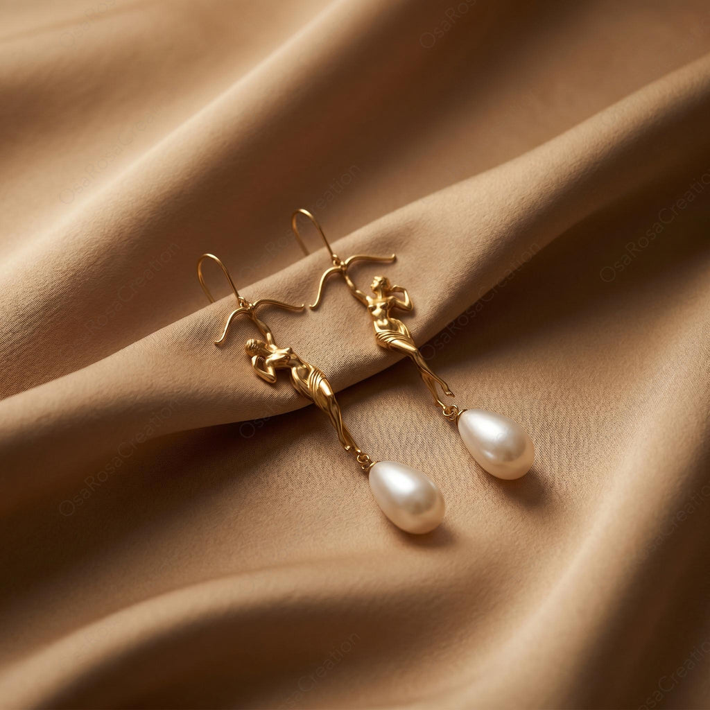 Sagittarius Earrings, Gold Archer Pearl Drop Earrings, Zodiac Statement Earrings, Sculptural Figure Jewelry