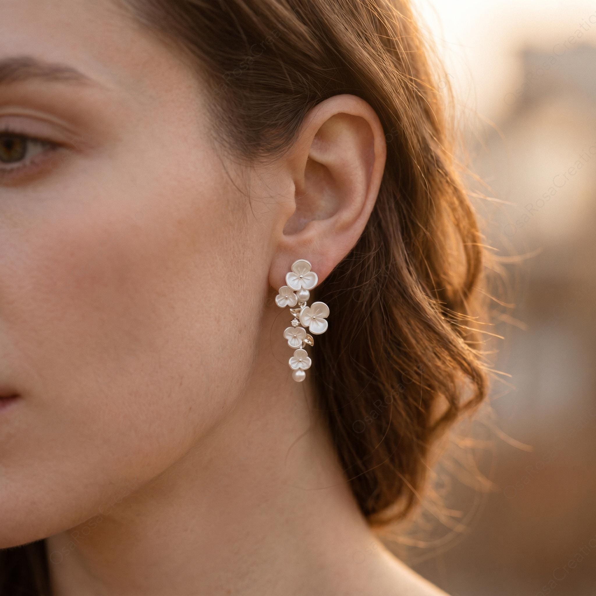 Floral Drop Earrings, Cascading Flower Dangle Earrings, Botanical Bridal Jewelry, Nature Inspired Elegant Wedding Accessories for Her
