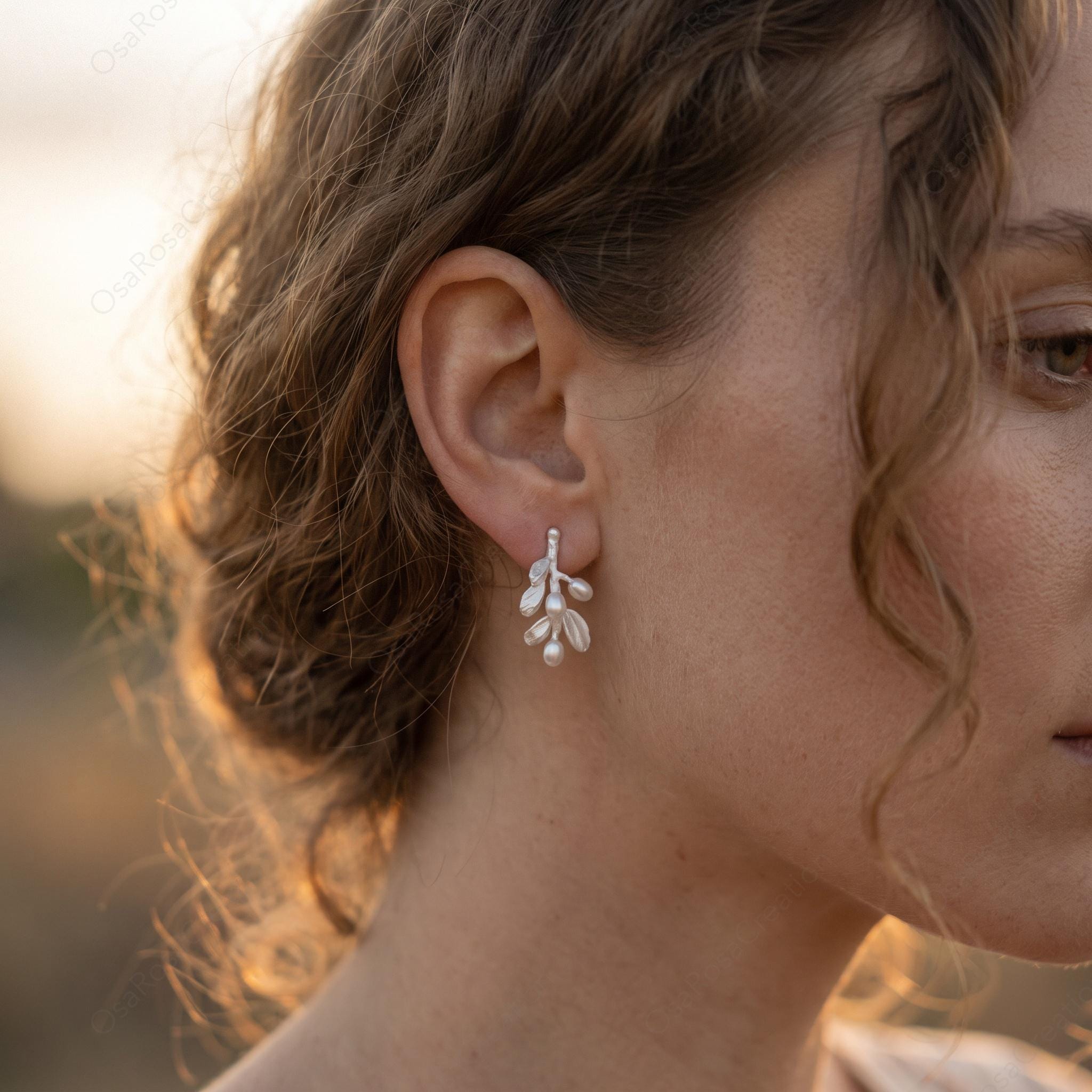 Silver Botanical Branch Earrings with Pearls