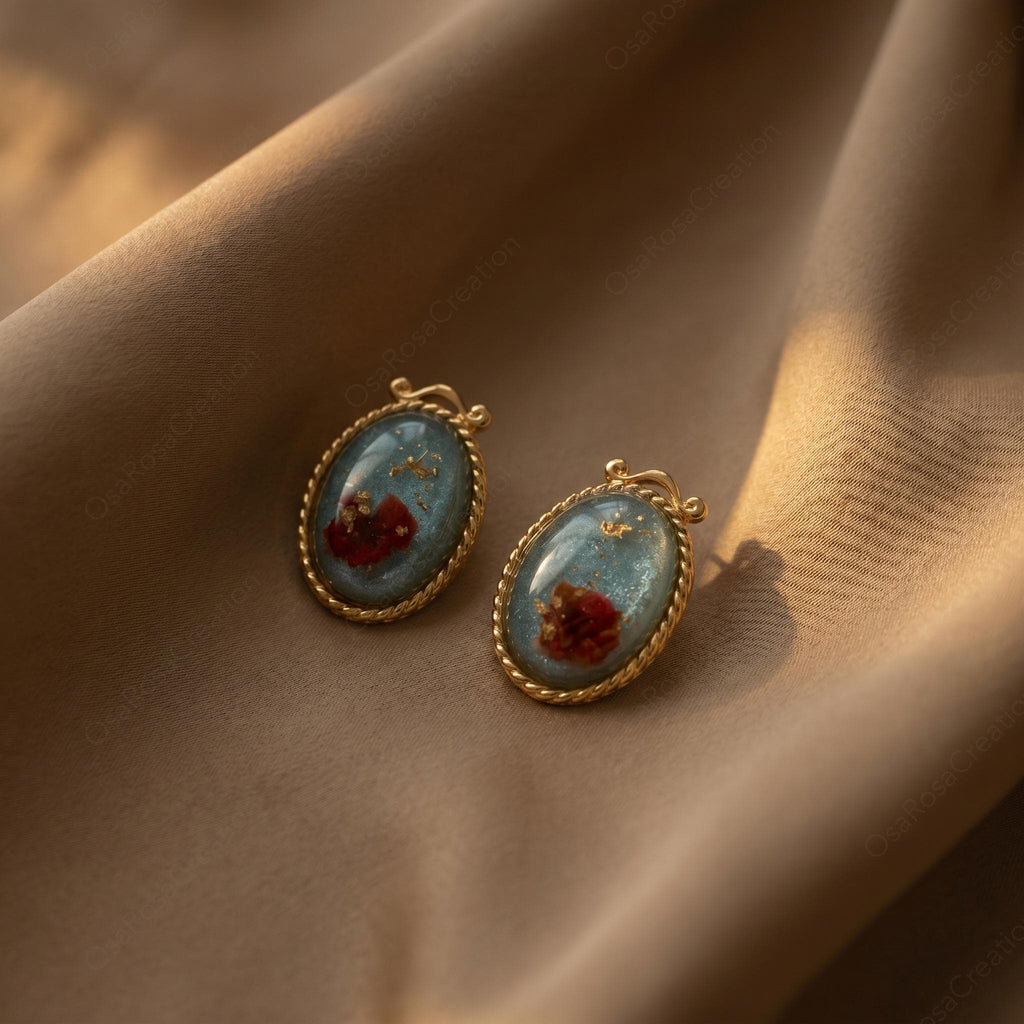 Vintage Botanical Resin Earrings, Gold Framed Red Flower Studs, Art Jewelry