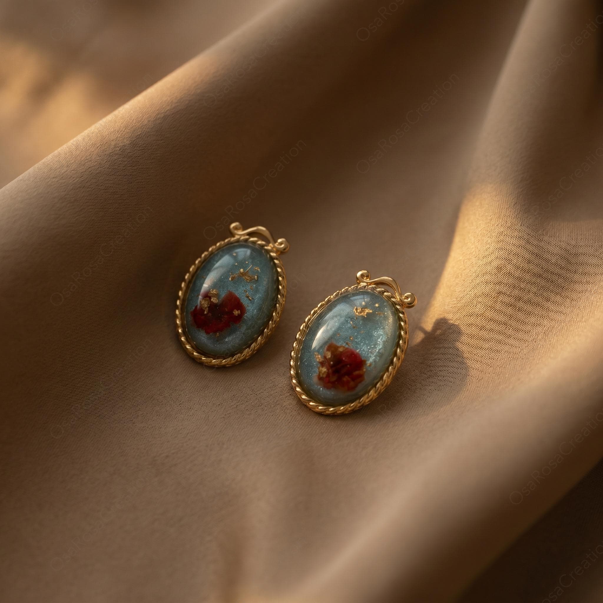 Vintage Botanical Resin Earrings, Gold Framed Red Flower Studs, Art Jewelry