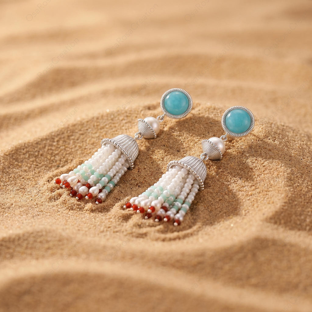 Artisan Sterling Silver Pearl Tassel Earrings, Mediterranean Blue Stone Bohemian Dangles