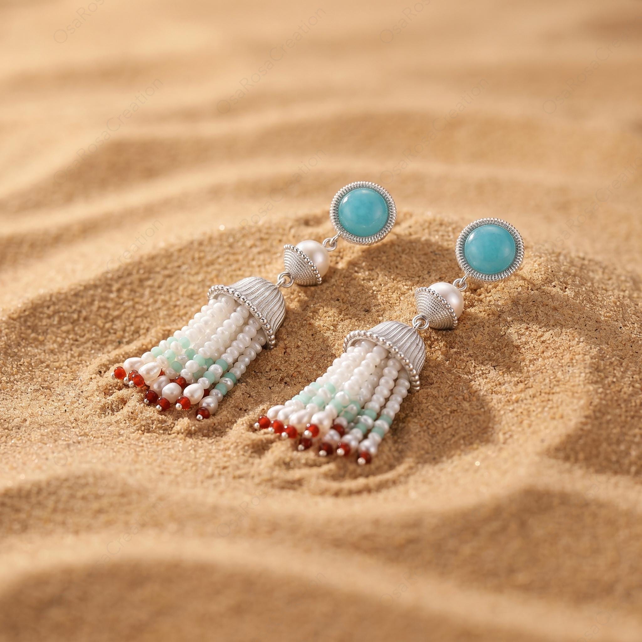 Artisan Sterling Silver Pearl Tassel Earrings, Mediterranean Blue Stone Bohemian Dangles