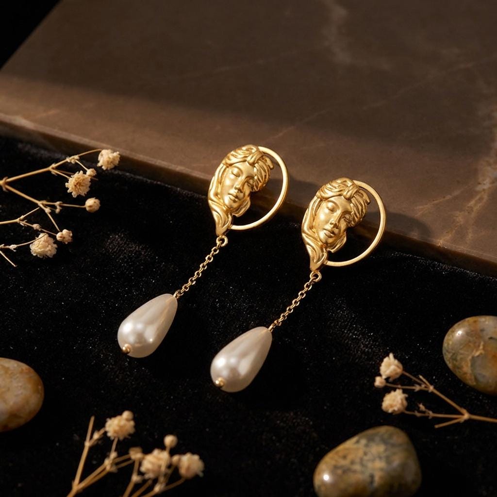 Aphrodite Goddess Earrings • 18k Gold Coin & Teardrop Pearl