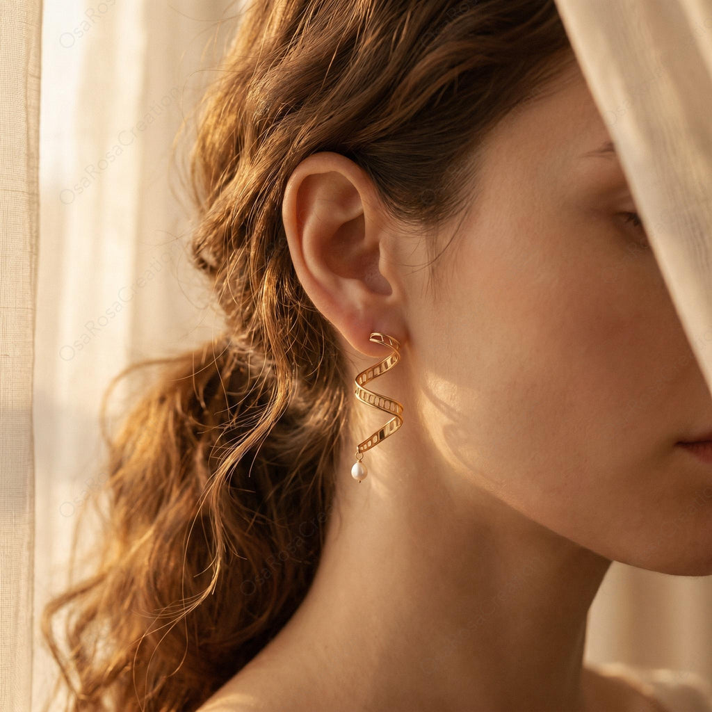 Gold DNA Helix Earrings • Pearl Drop, Science Jewelry