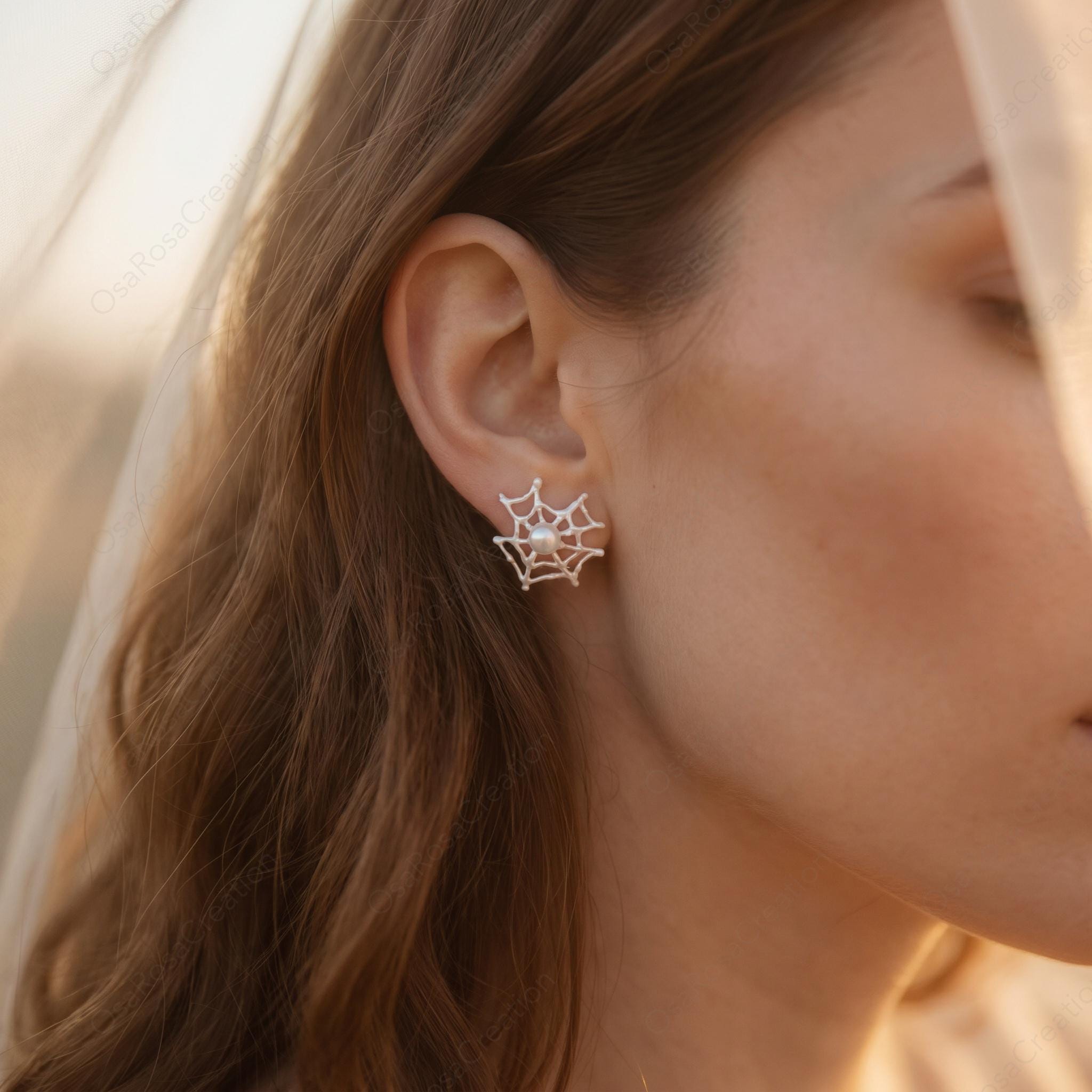 Silver Spider Web Earrings with Pearl Center