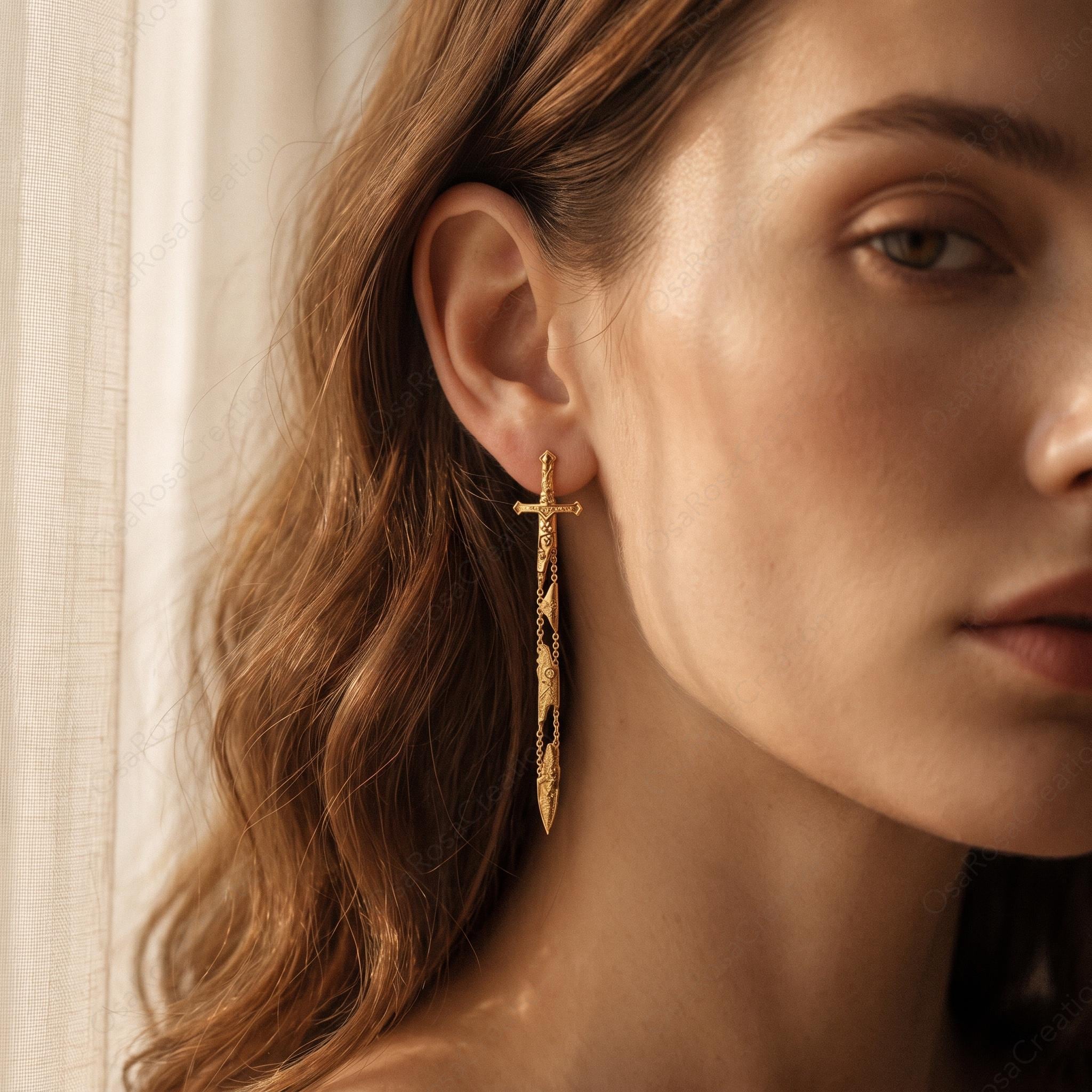 Gold Sword Drop Earrings, Sculptural Dagger Dangle Earrings, Medieval Inspired Jewelry, Edgy Statement Earrings, Unique Gift for Her