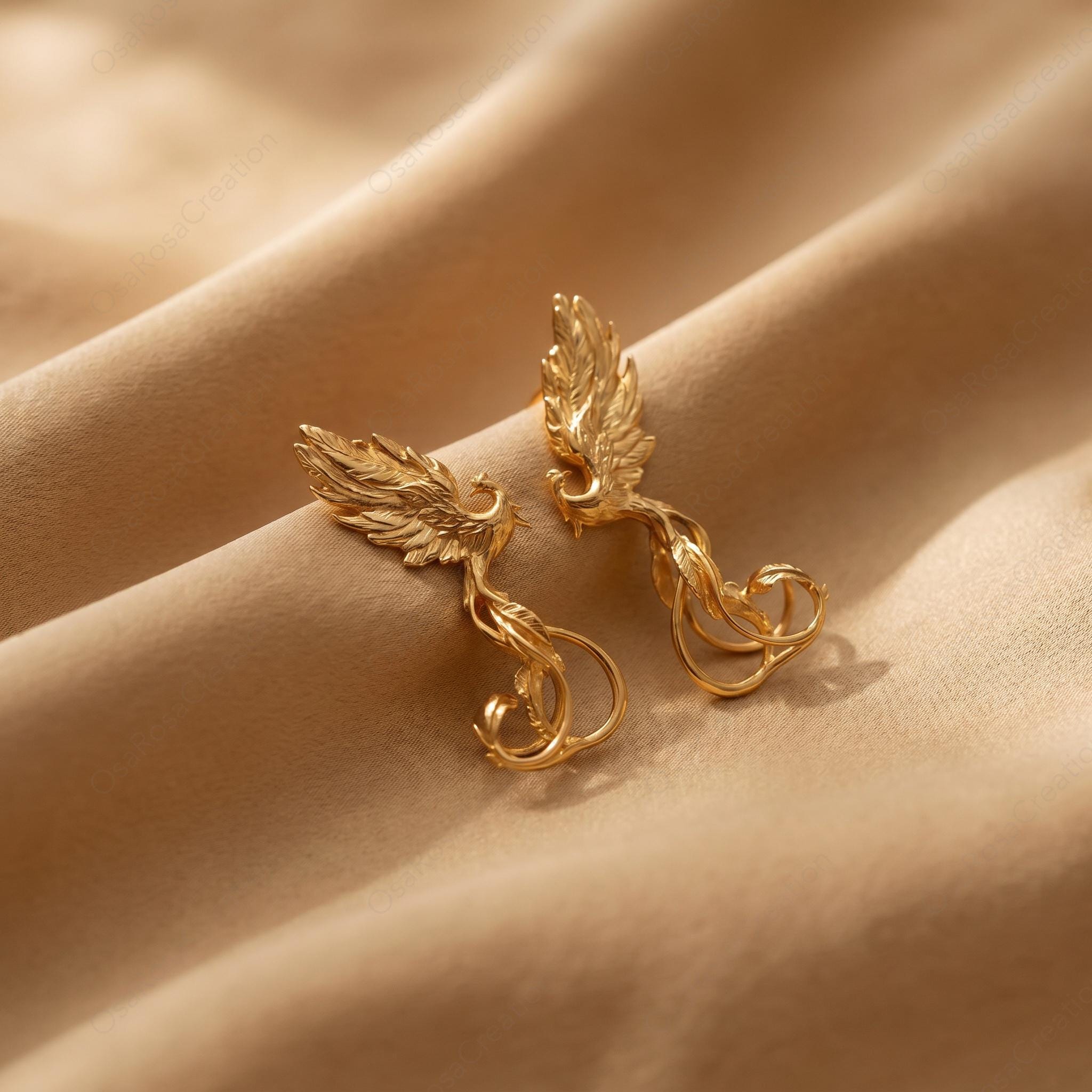 Gold Phoenix Earrings • 18k Plated Brass, S925 Post,Symbol of Rebirth & Strength •New Beginning Gift