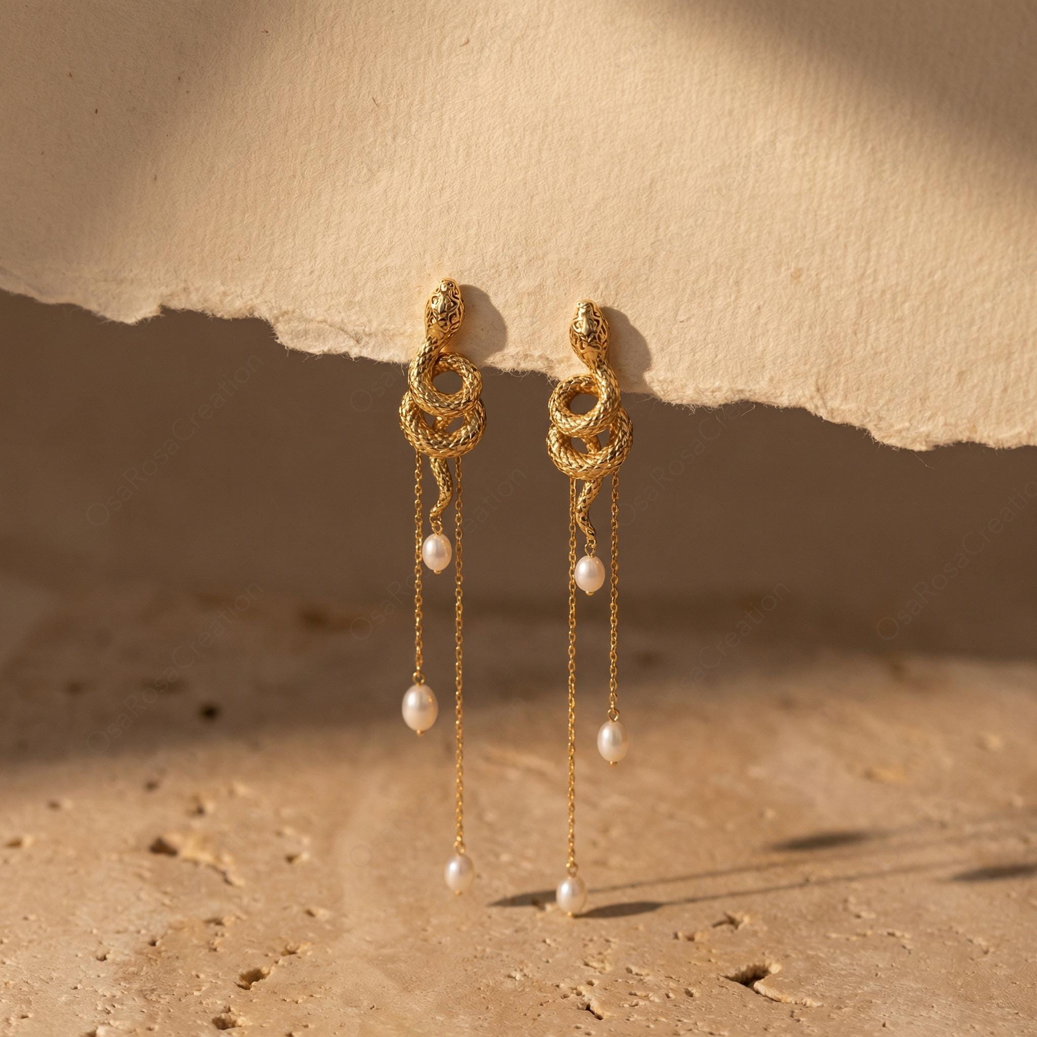 Gold Serpent Drop Earrings with Pearl Tassels, Artistic Statement Jewelry