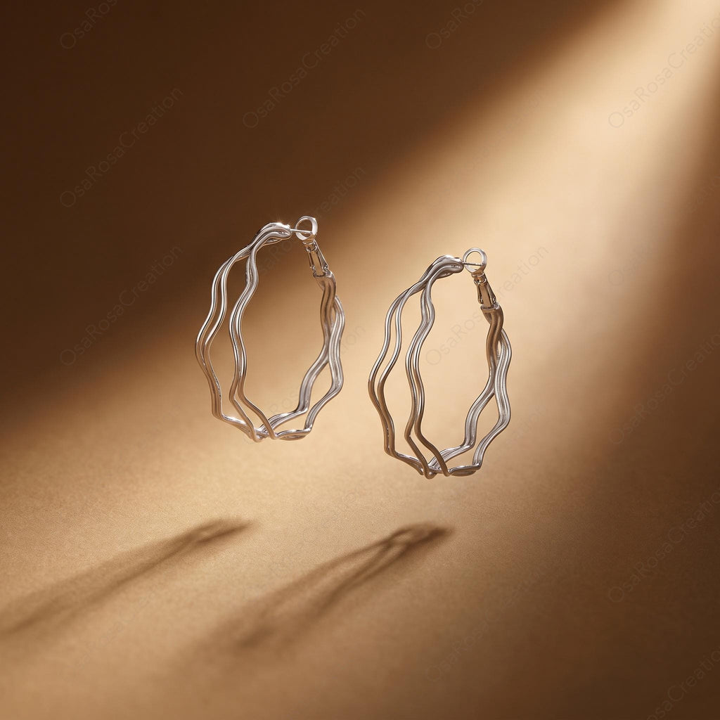 Silver Wavy Hoop Earrings, Sculptural Liquid Metal Statement Jewelry