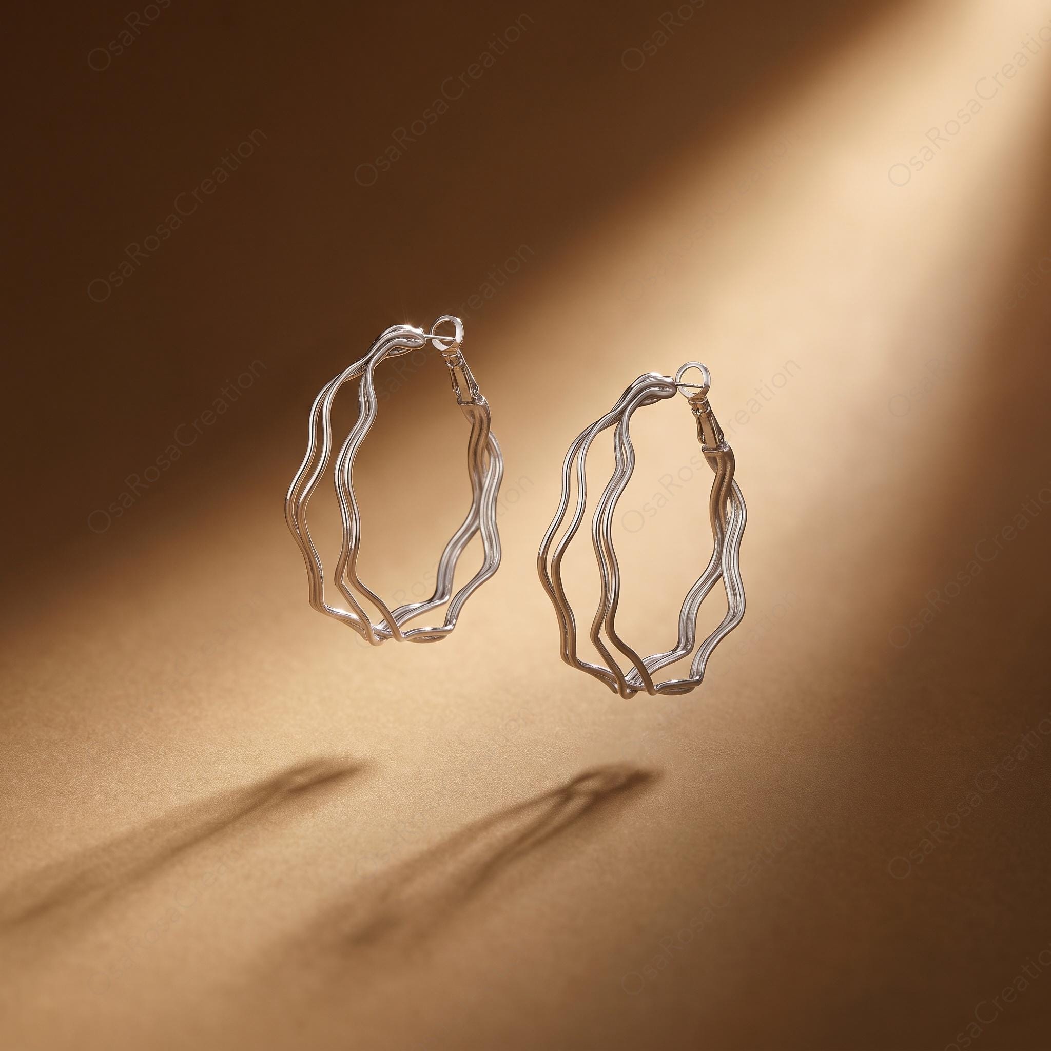 Silver Wavy Hoop Earrings, Sculptural Liquid Metal Statement Jewelry