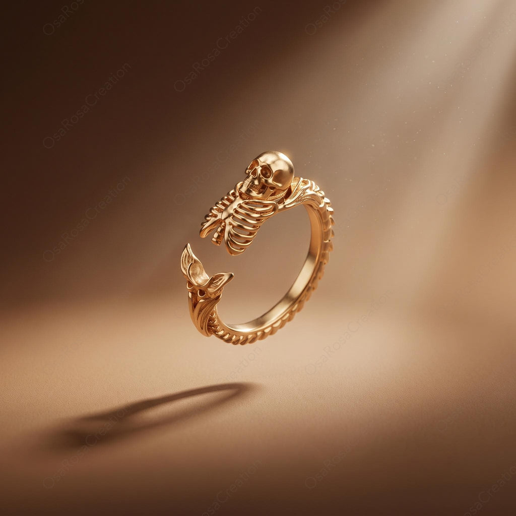 Gold Skull Ring | Adjustable Brass Skeleton Mermaid Tail Statement Jewelry