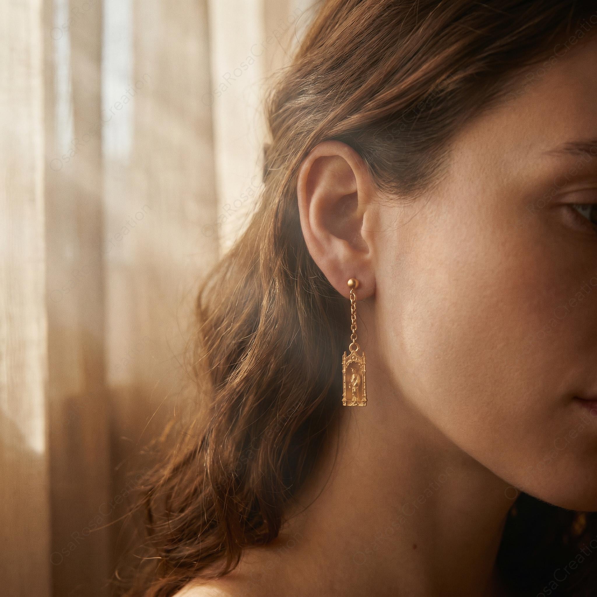 Cat Castle Earrings | Gold Baroque Basilica Dangle Earrings | Architecture Jewelry