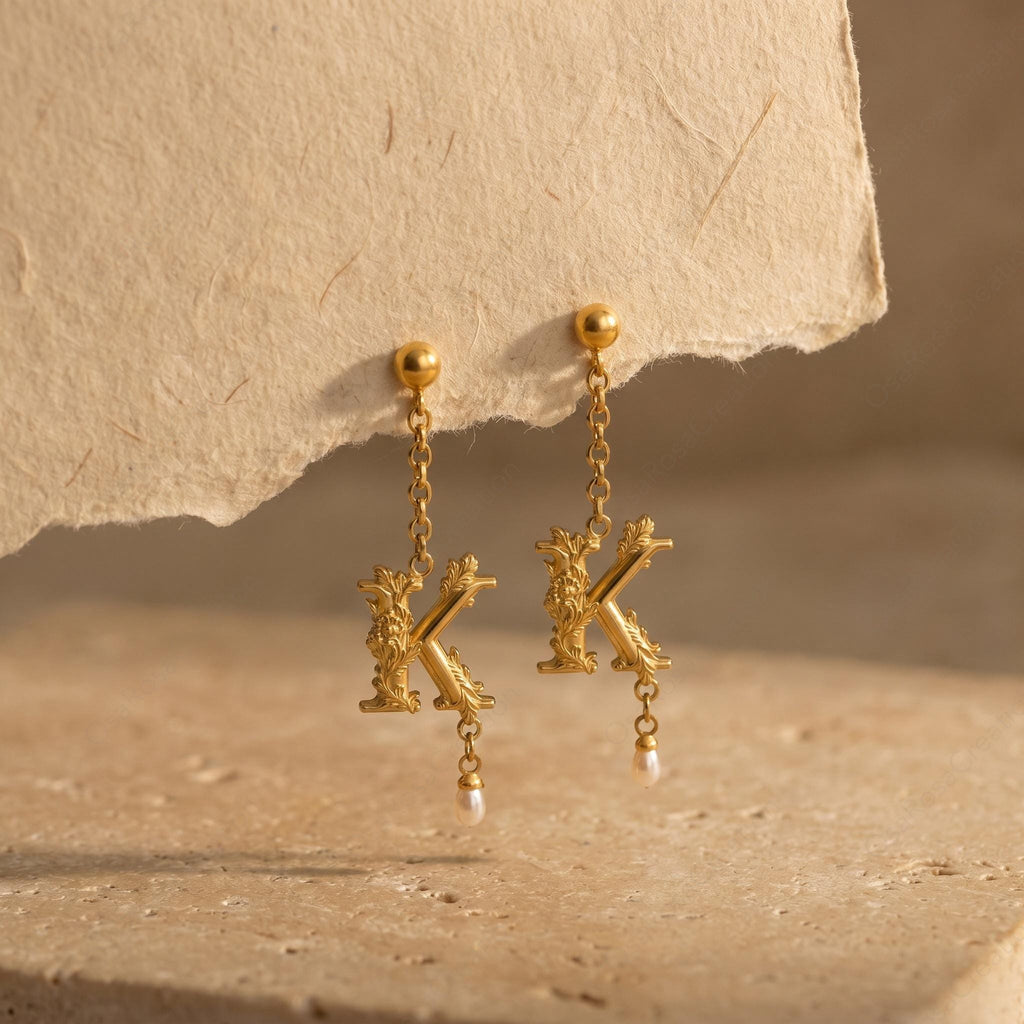 Baroque Letter K Earring • Gold Initial with Pearl Drop