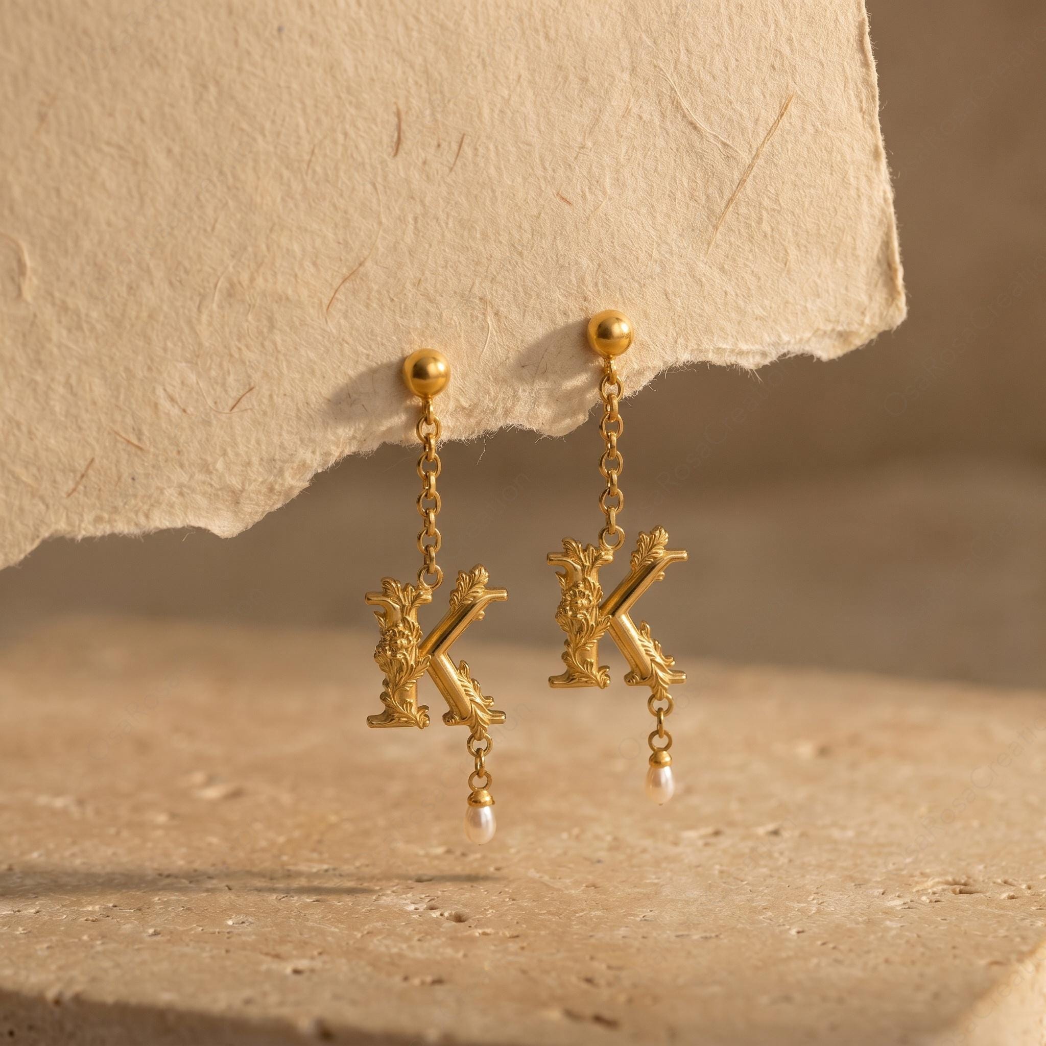 Baroque Letter K Earring • Gold Initial with Pearl Drop