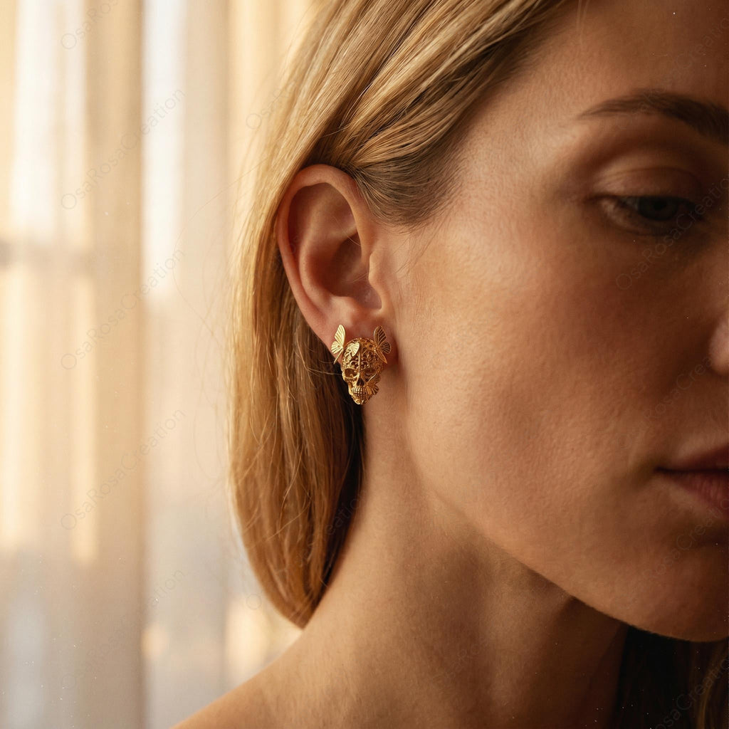 Gold Skull Butterfly Studs • Gothic Filigree Earrings, Sterling Silver Post· Fresh start gift