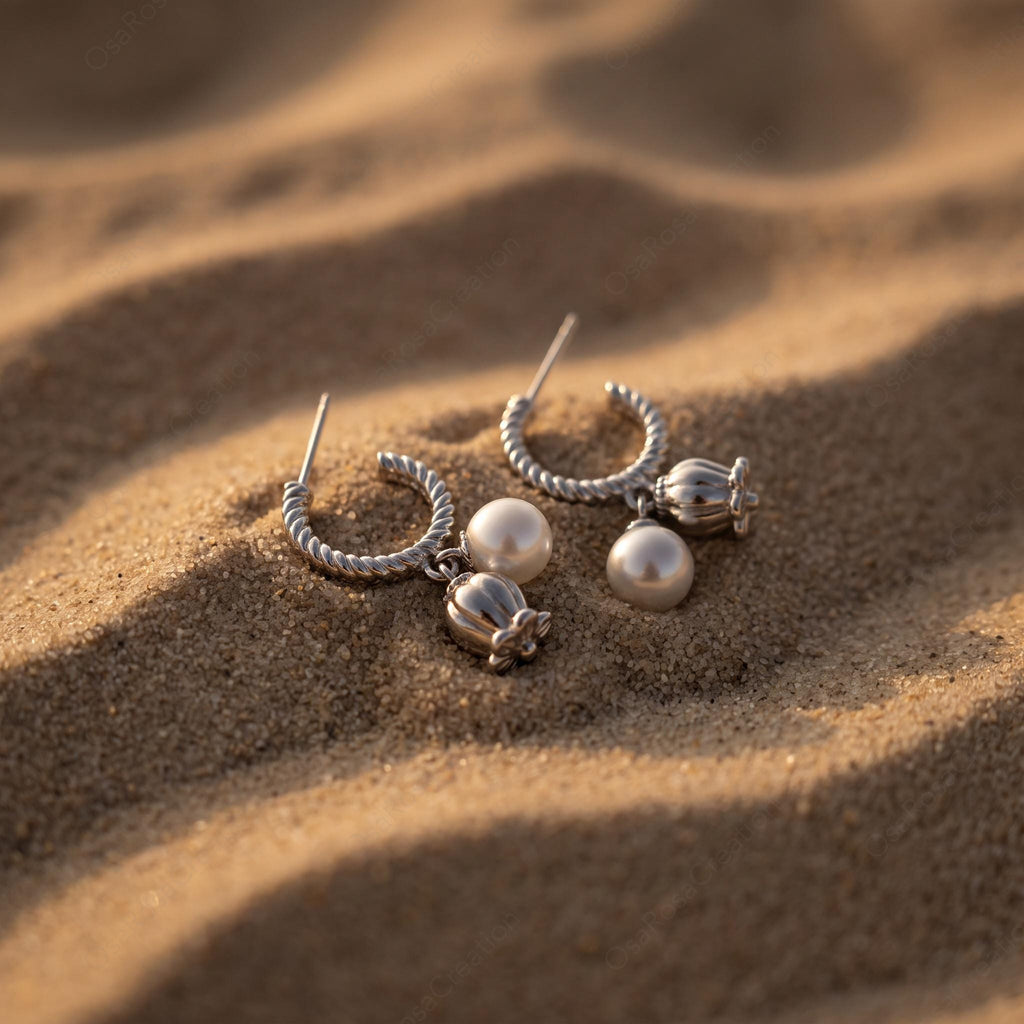 Silver Tulip Pearl Drop Earrings, Twisted Hoop Floral Earrings, Botanical Dangle Earrings