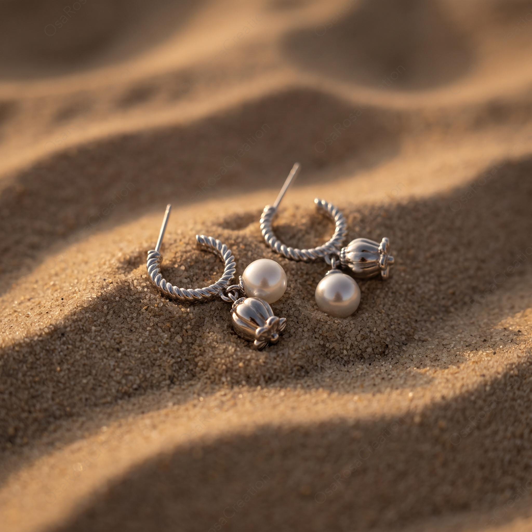 Silver Tulip Pearl Drop Earrings, Twisted Hoop Floral Earrings, Botanical Dangle Earrings