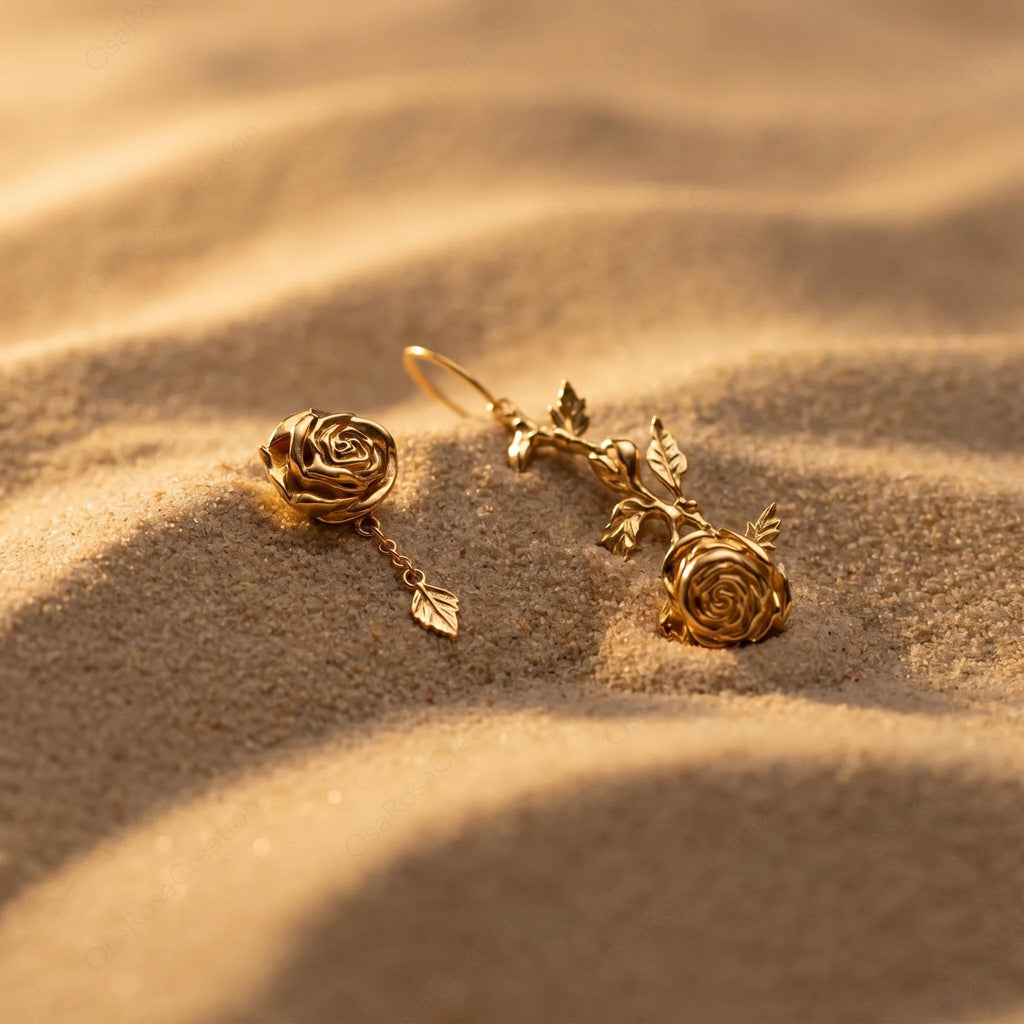 Asymmetrical Rose Earrings • 18k Gold Plated, Sterling Silver Posts