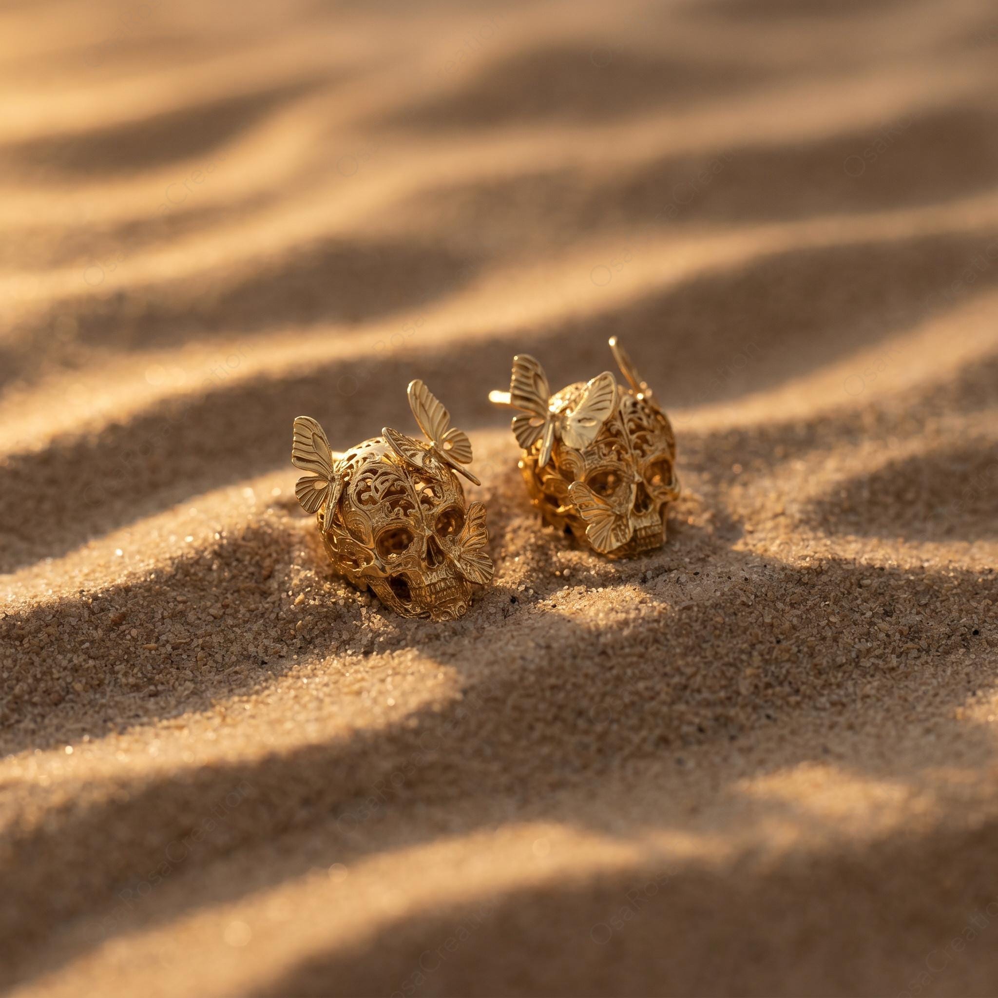 Gold Skull Butterfly Studs • Gothic Filigree Earrings, Sterling Silver Post· Fresh start gift