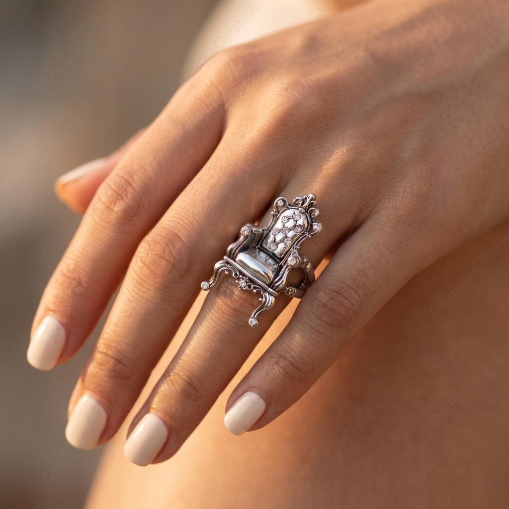 Baroque Throne Ring, Platinum-Plated Brass Sculptural Chair Jewelry, Vintage Inspired Statement Ring