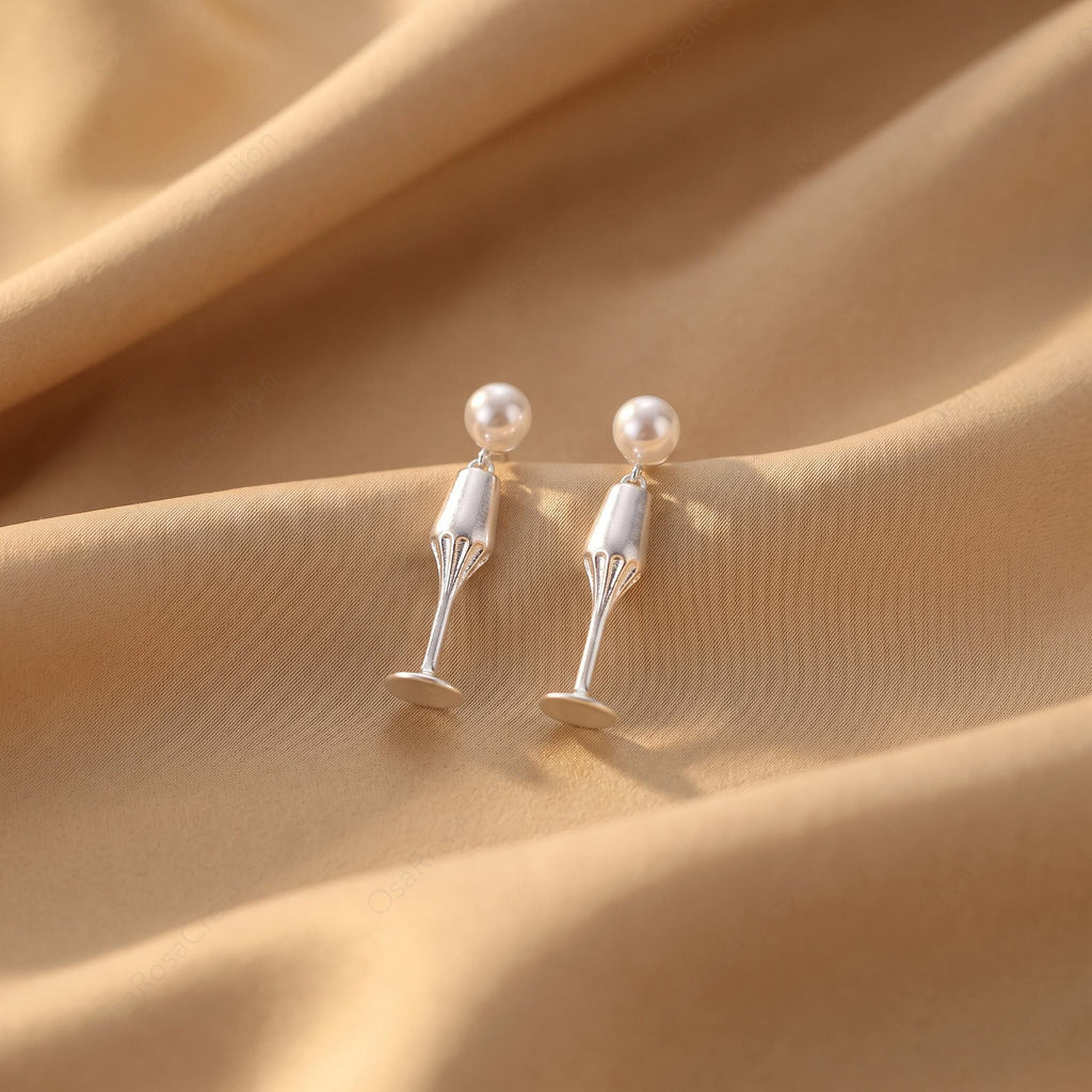 Silver Champagne Flute Earrings with Faux Pearl, Elegant Goblet Dangle Jewelry