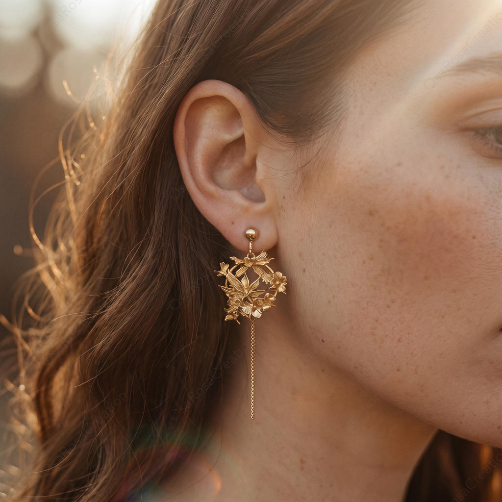 Gold Floral Wreath Earrings • Art Nouveau Lily Tassel • Botanical Wedding Jewelry