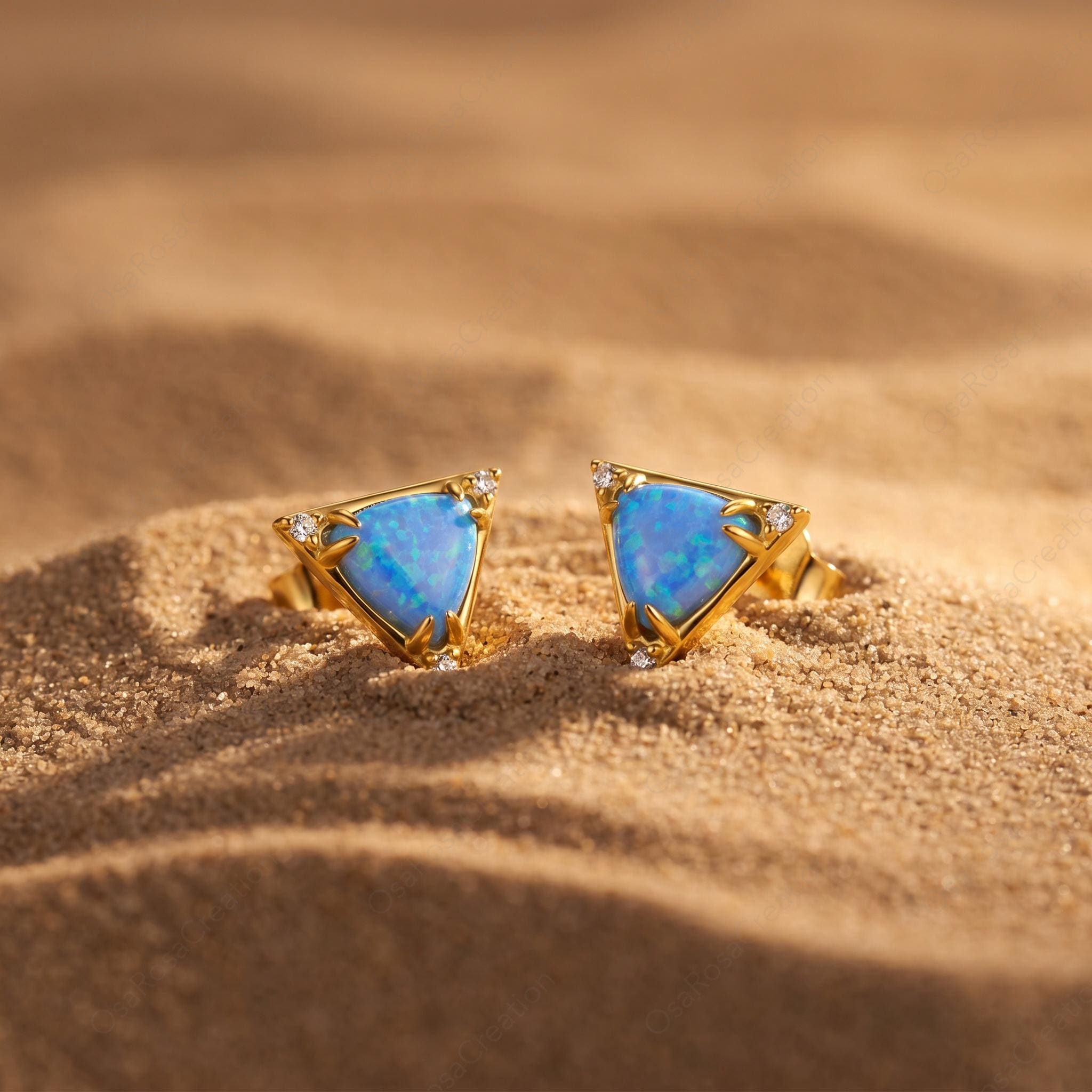 Blue Opal Triangle Stud Earrings, Gold Plated Geometric Dainty Jewelry