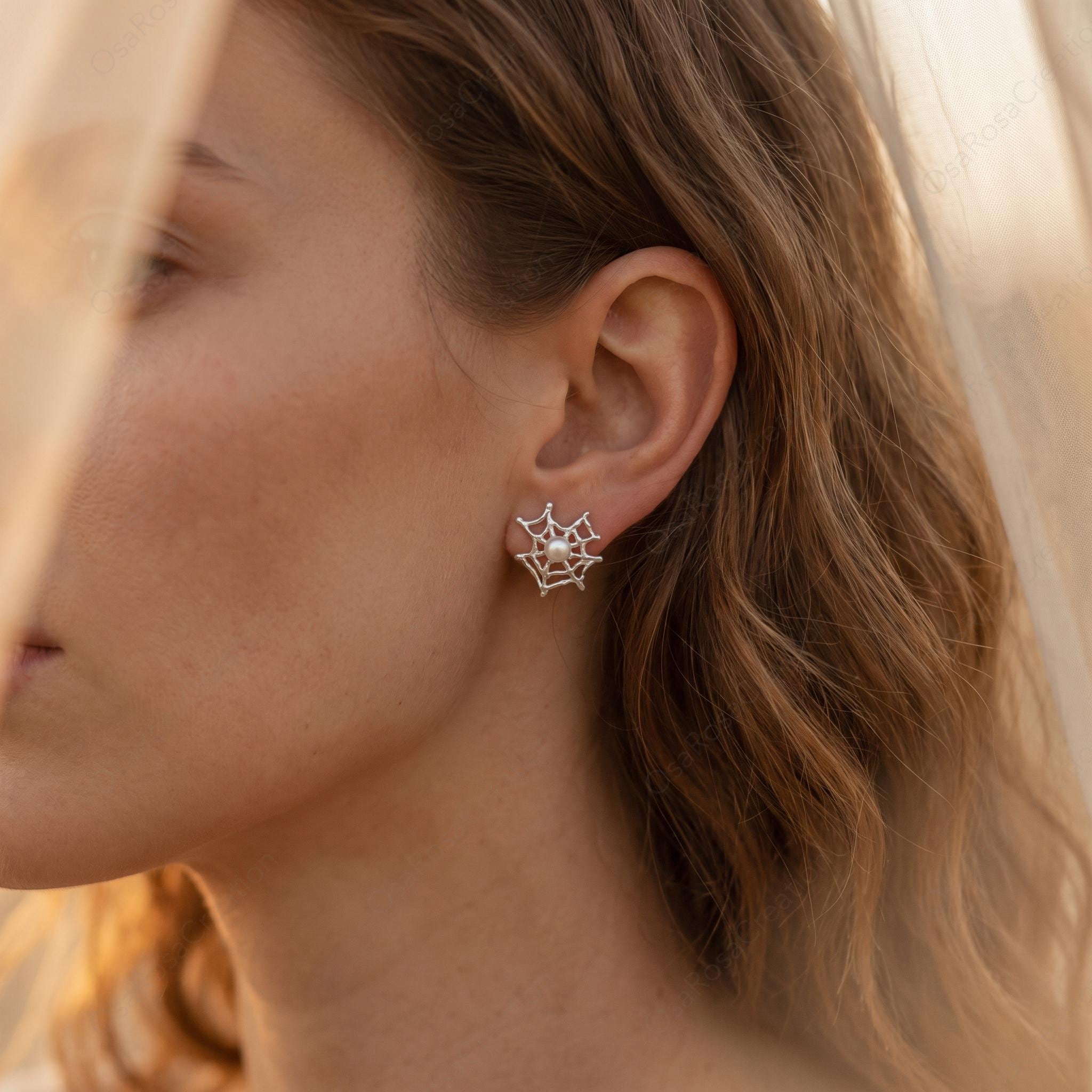 Silver Spider Web Earrings with Pearl Center