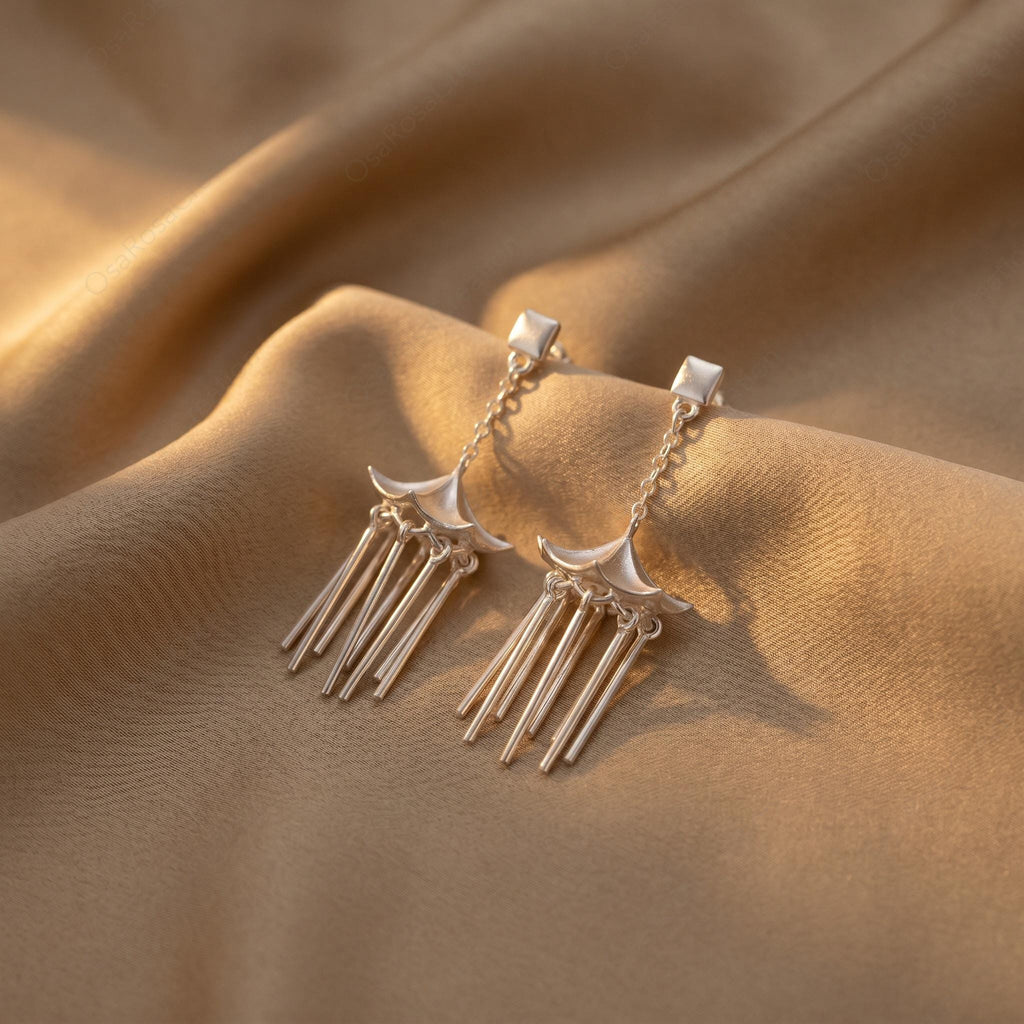 Silver Pavilion Tassel Earrings, Architectural Dangle Earrings, Minimalist Chandelier Drops, Geometric Art Jewelry