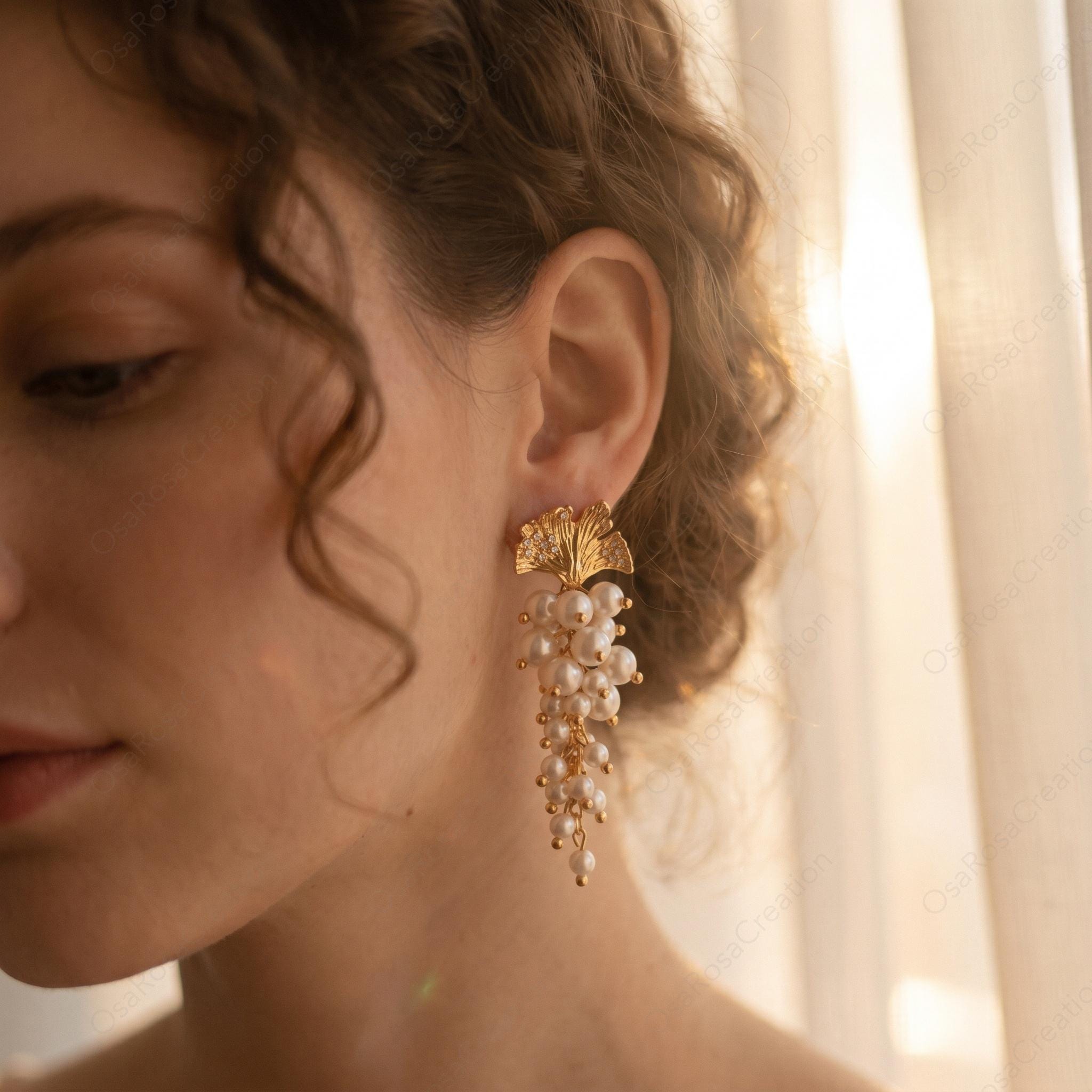 Gold Leaf Dangle Earrings, Mediterranean Style Jewelry, Vintage Inspired Fruit Earrings, Elegant Evening Jewelry