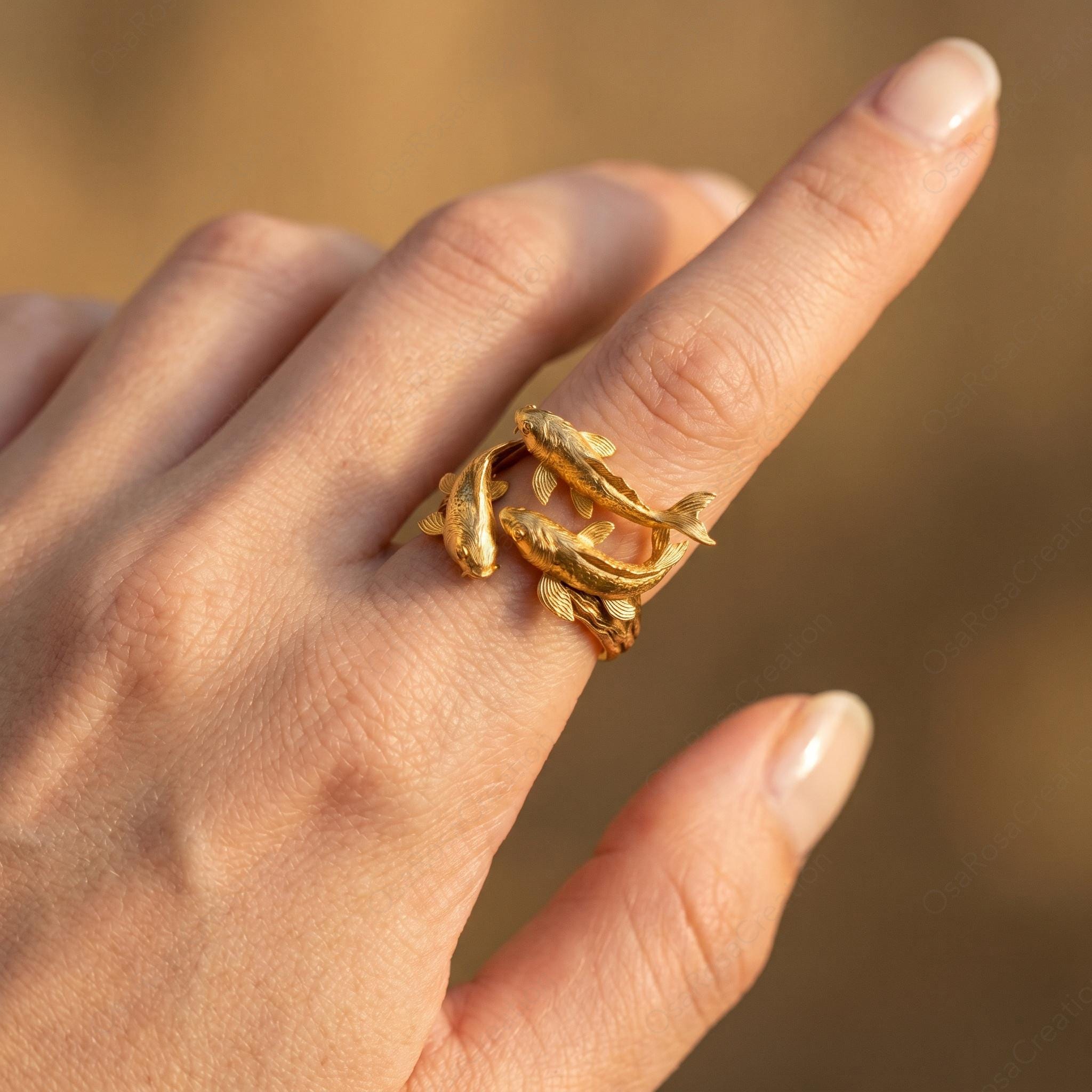 Gold Koi Fish Wrap Ring, Sculptural Double Fish Statement Jewelry, Nature Inspired Charm