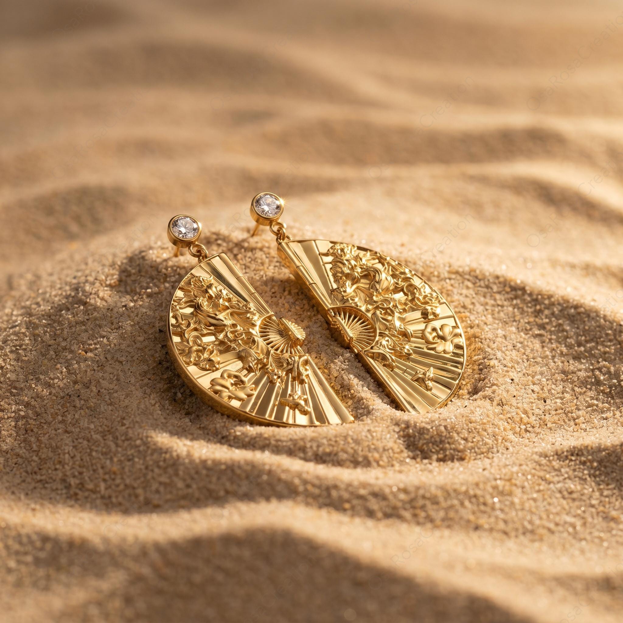 Gold Fan Earrings, Engraved Art Deco Statement Dangle Jewelry