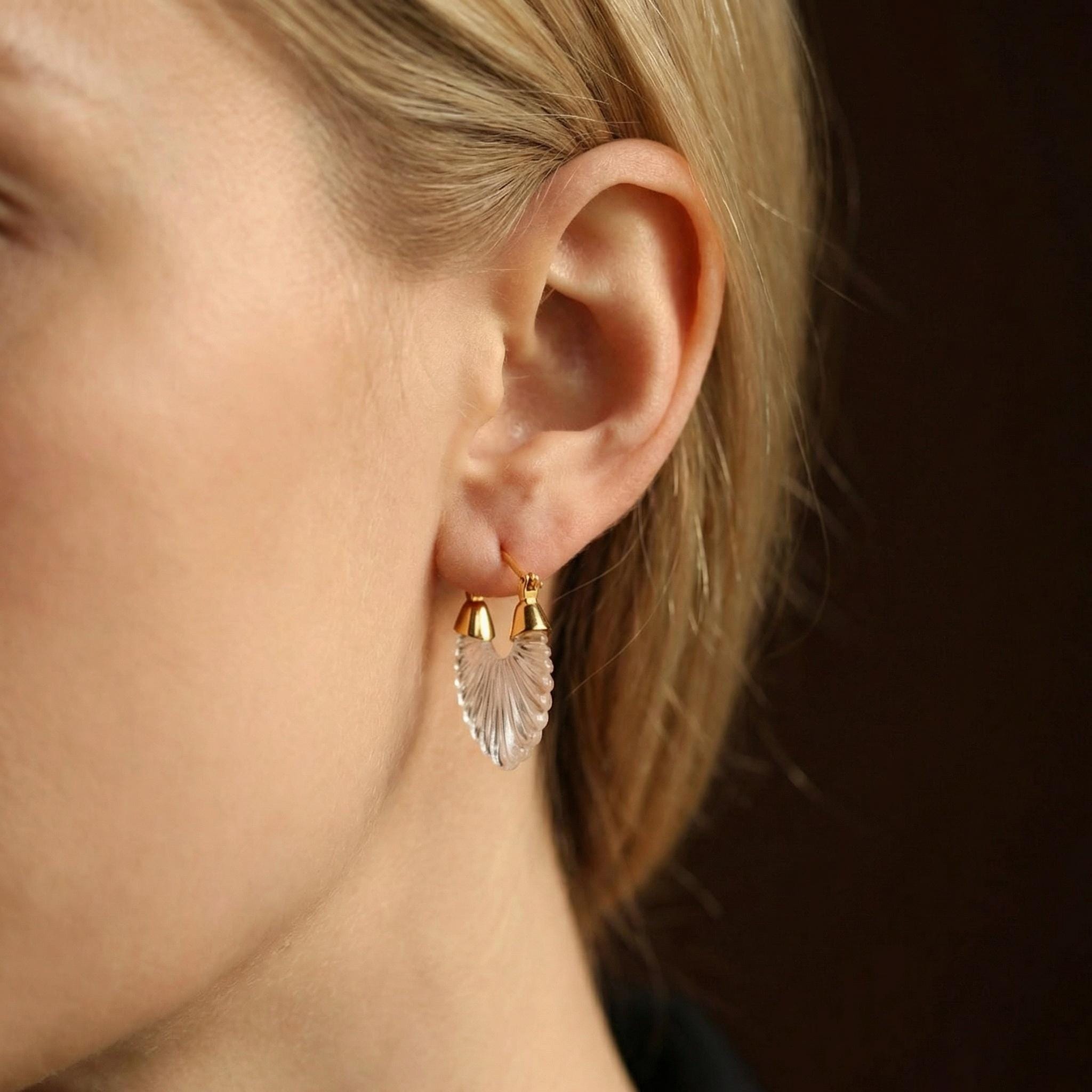 Carved Shell Hoop Earrings – Frosted Scalloped Drops, 18K Gold Plated Huggies